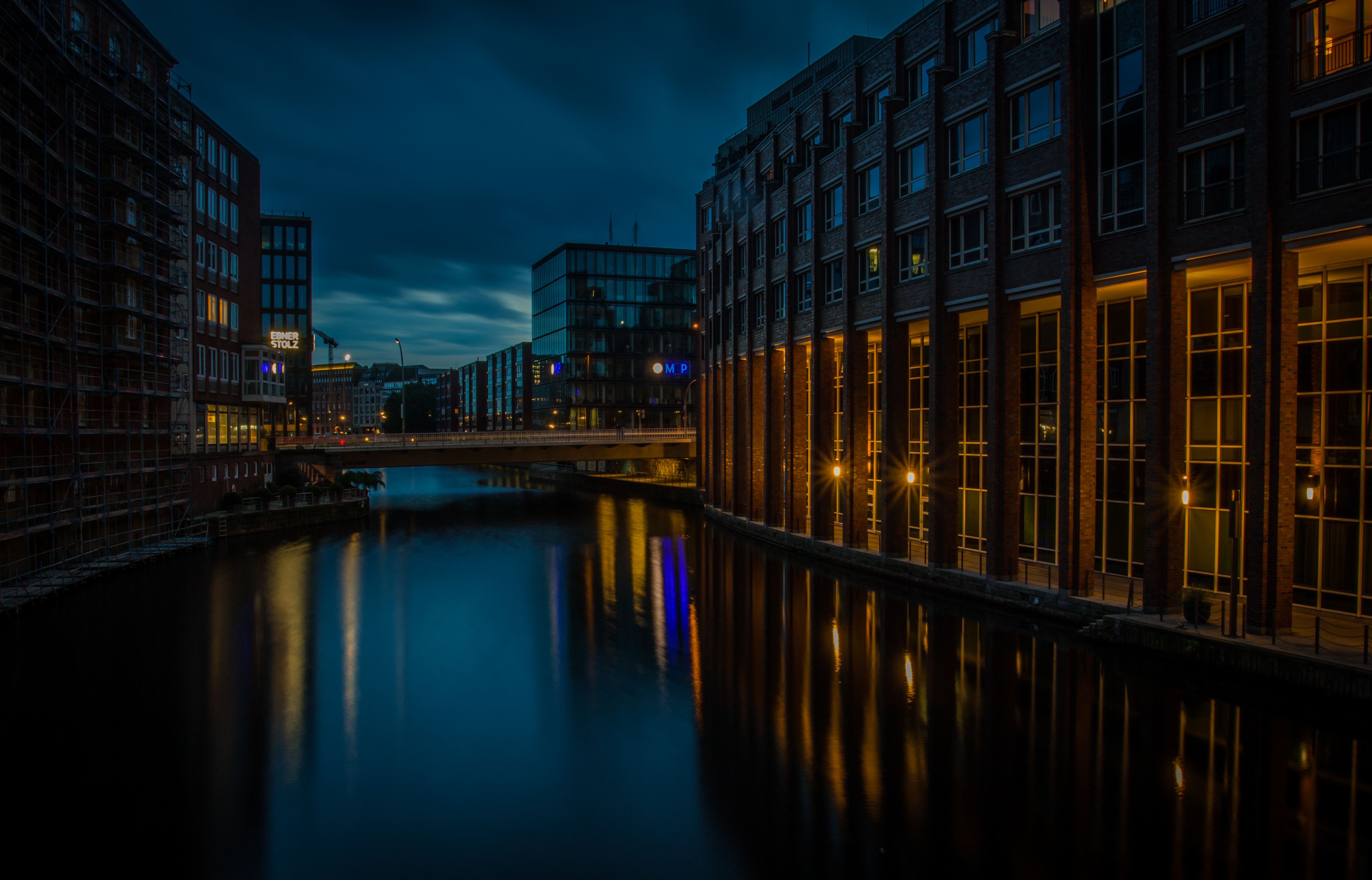 Buildings Bridge River Twilight Dark