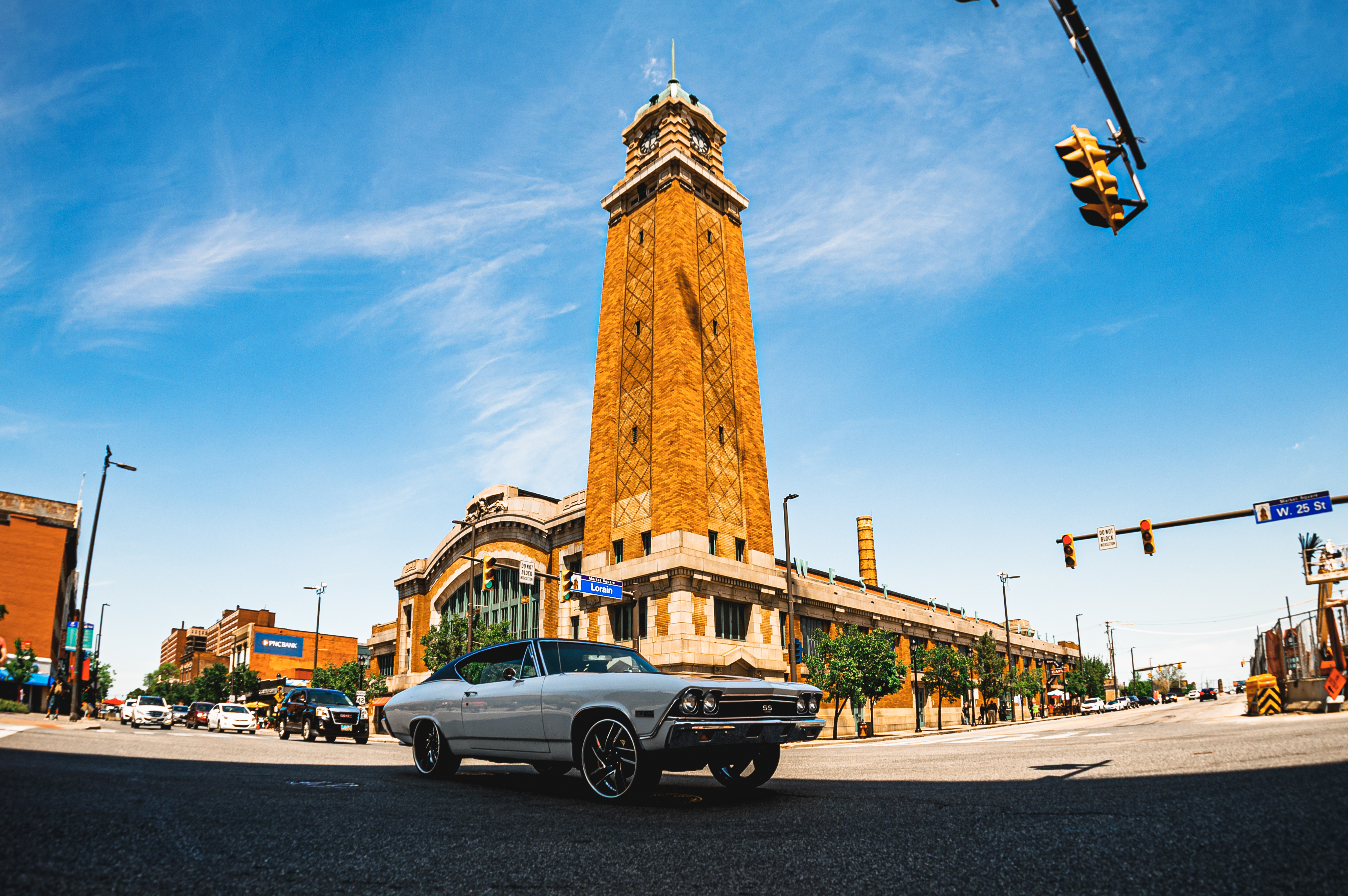 Car White Retro Tower Road