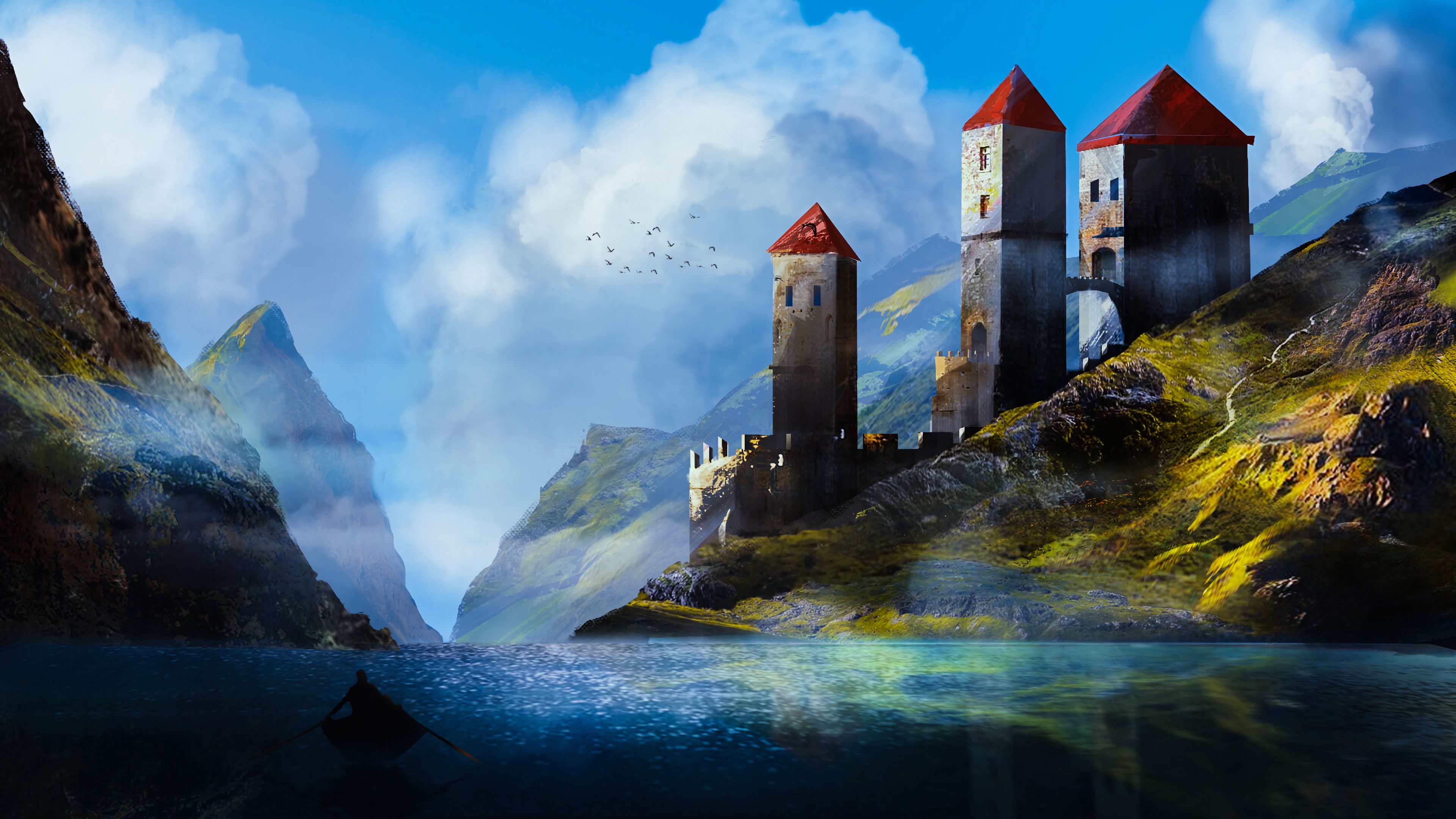 Castle Towers Mountains River Art