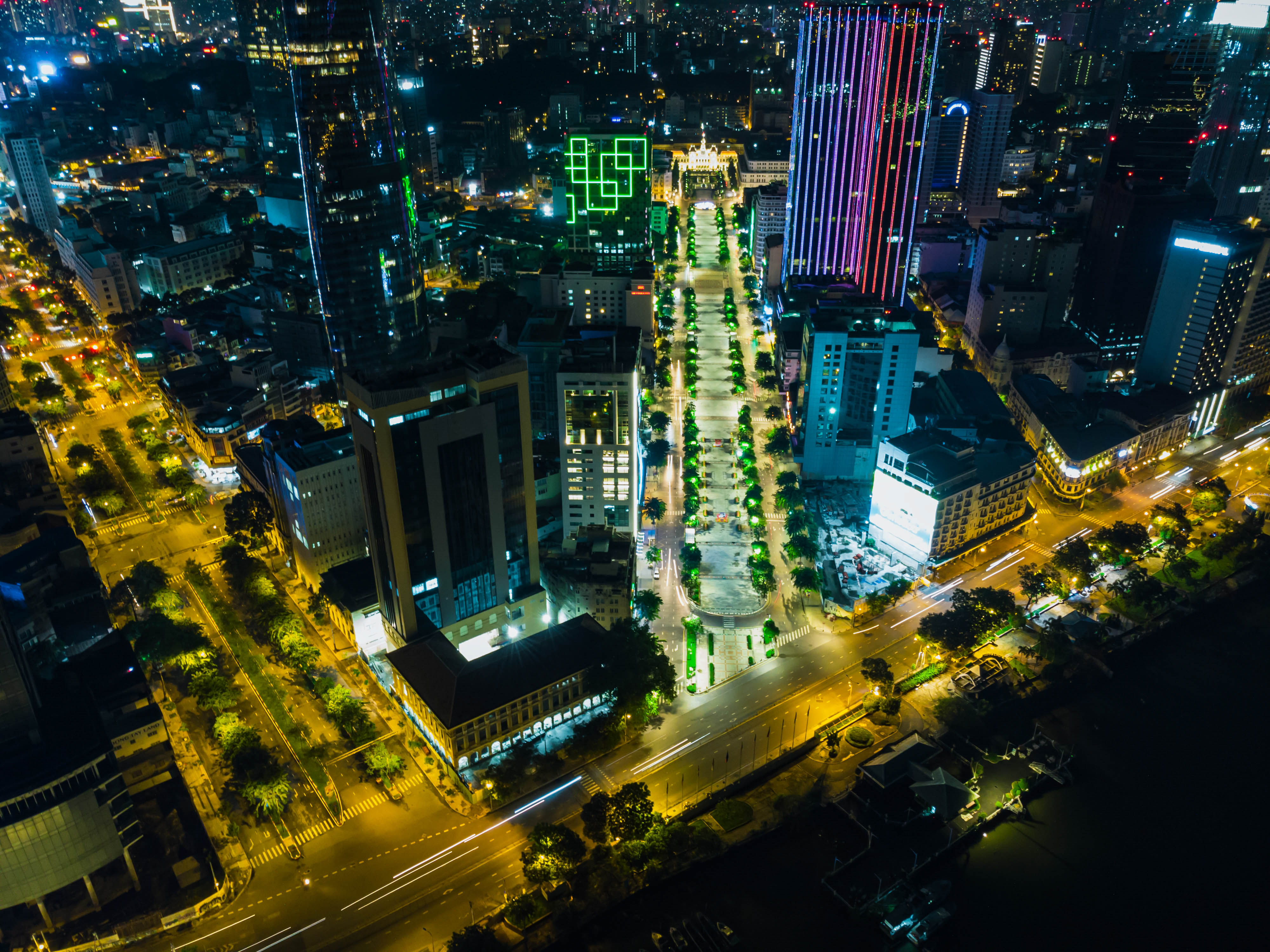 City Aerial-view Buildings Road Lights Night