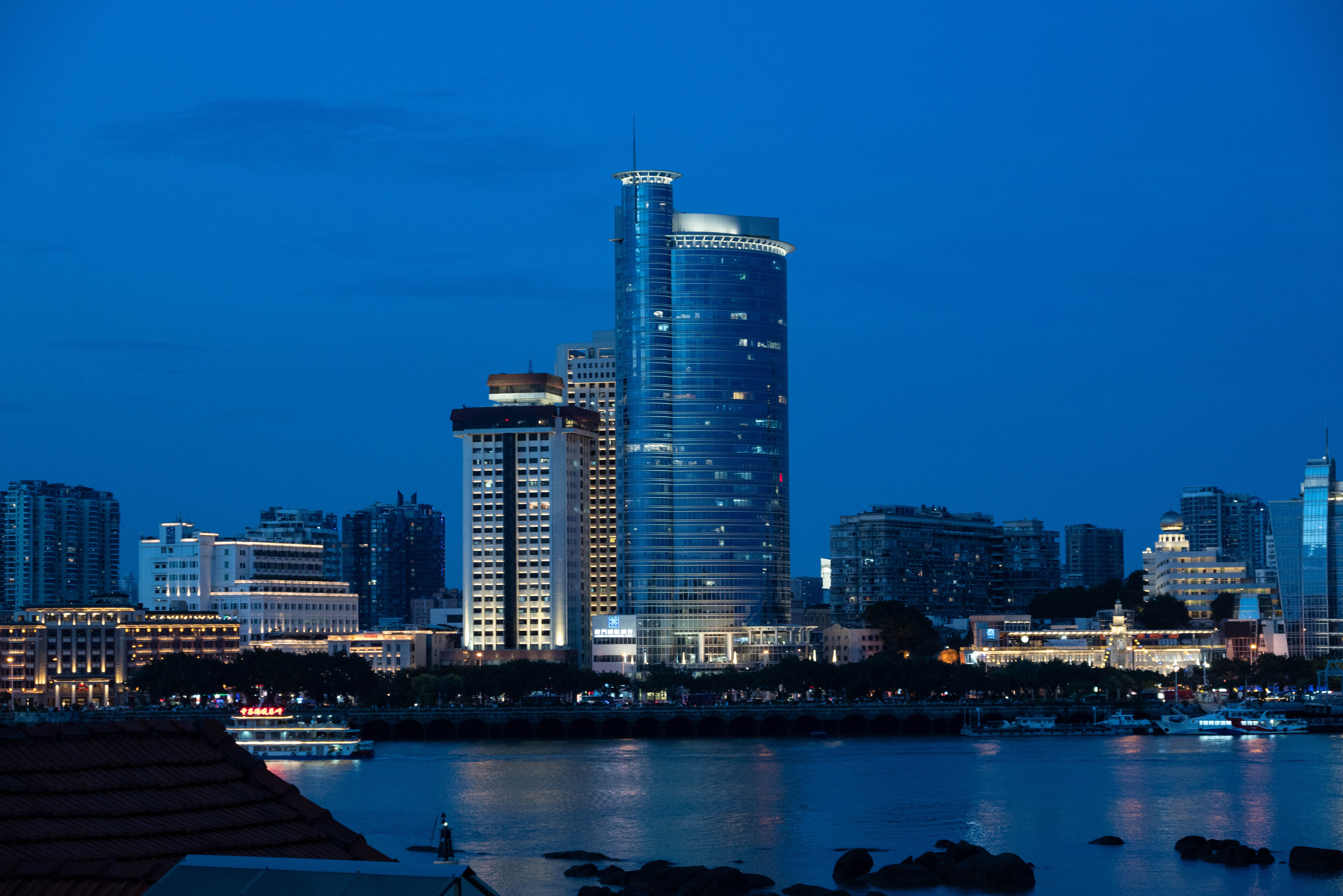 City Buildings Architecture Lights Water Twilight