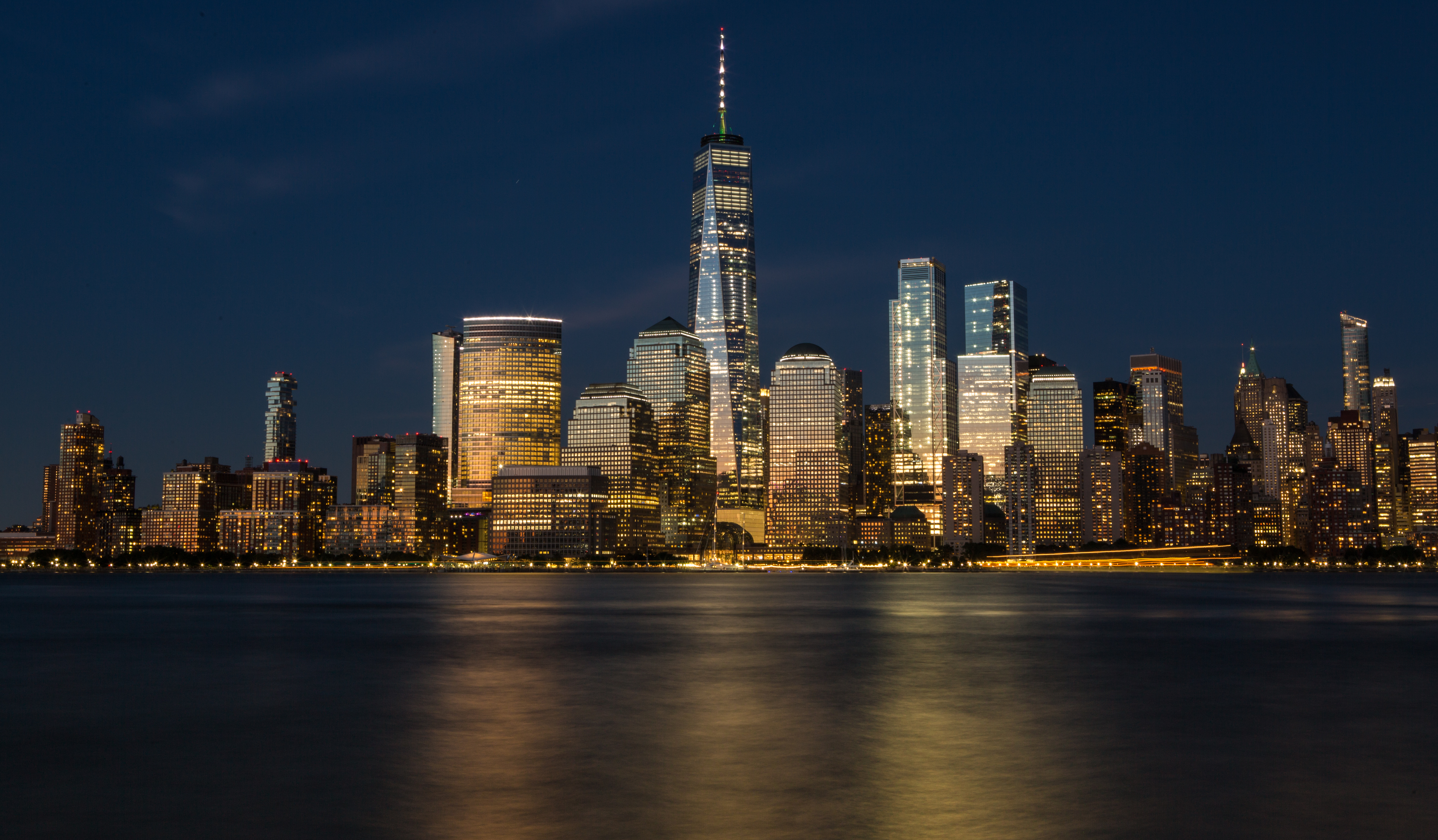 City Buildings Architecture Metropolis Lights Water Twilight