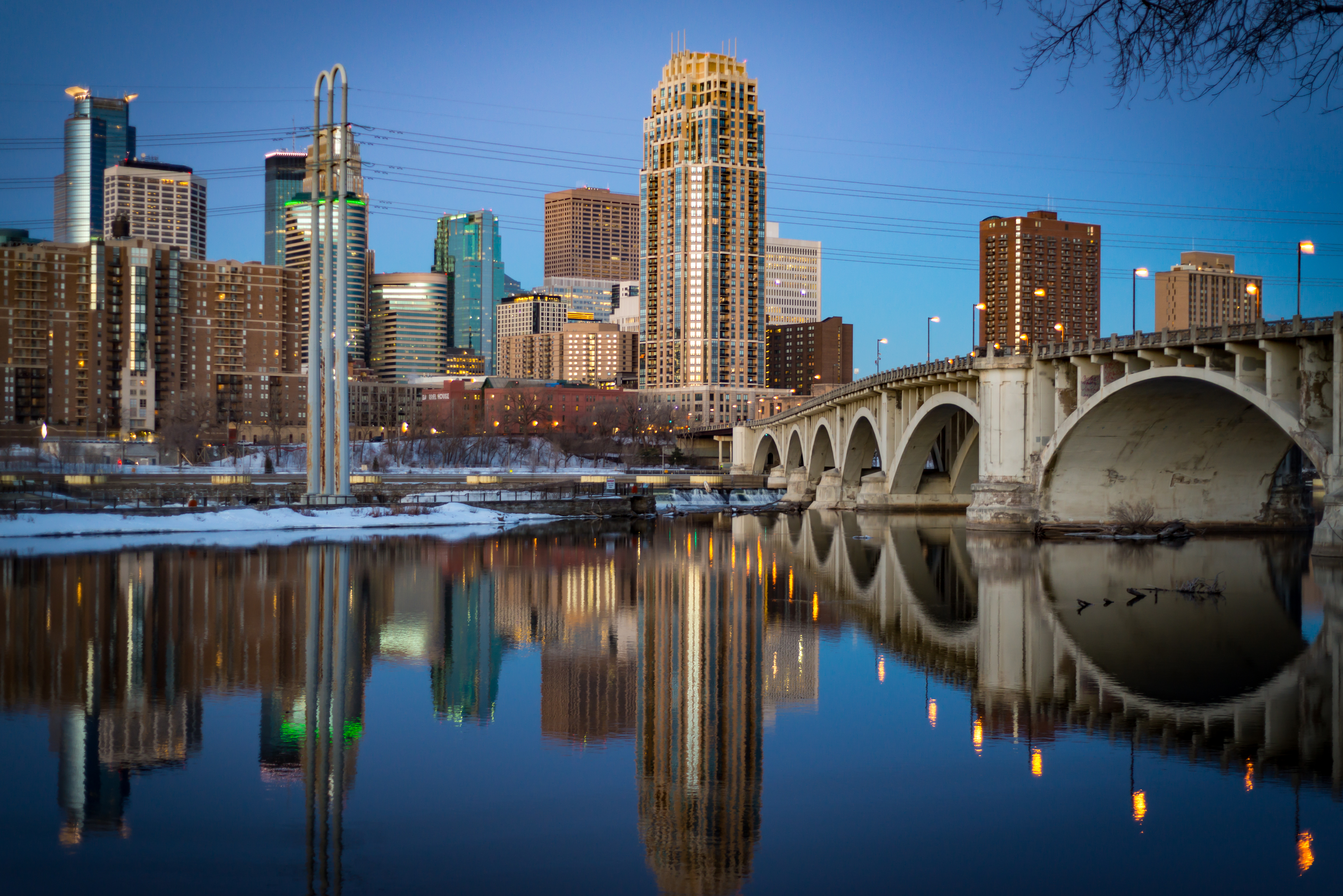 City Buildings Bridge Water Twilight