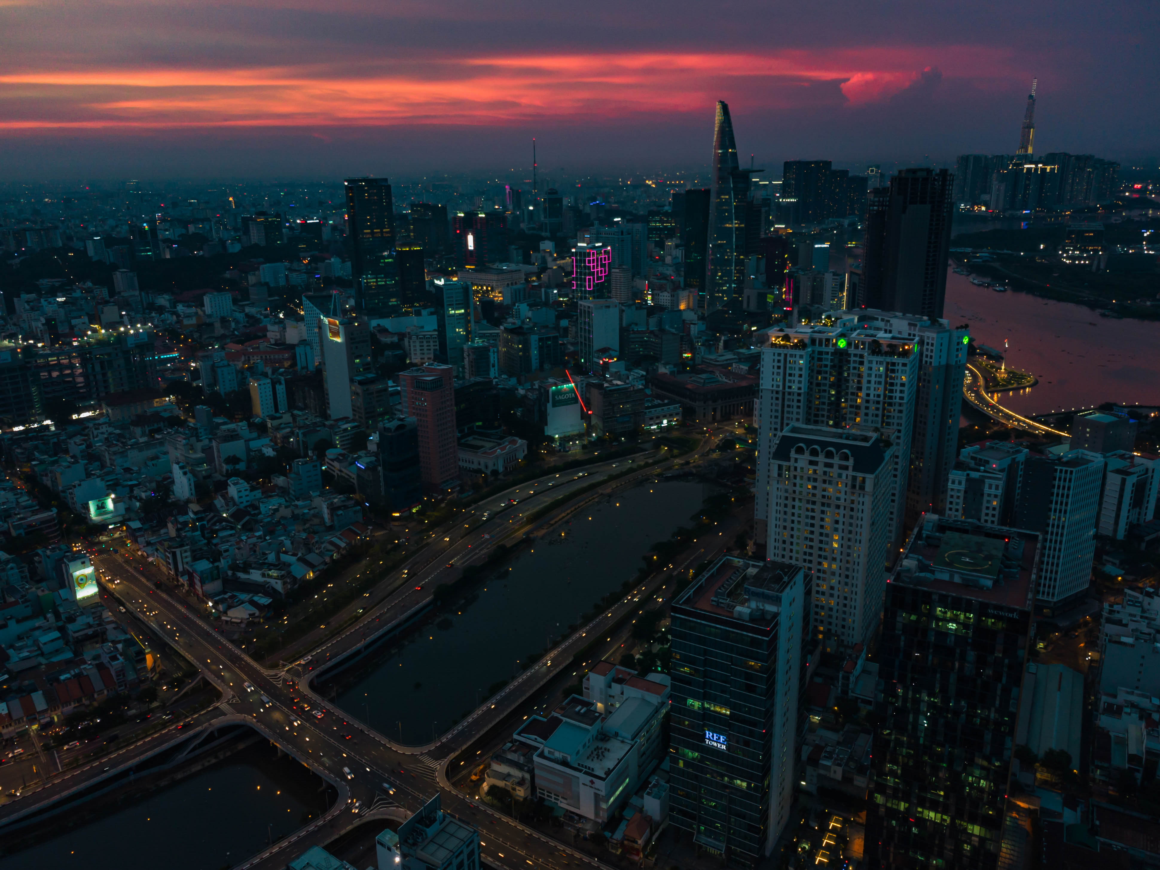 City Buildings Lights Aerial-view Twilight