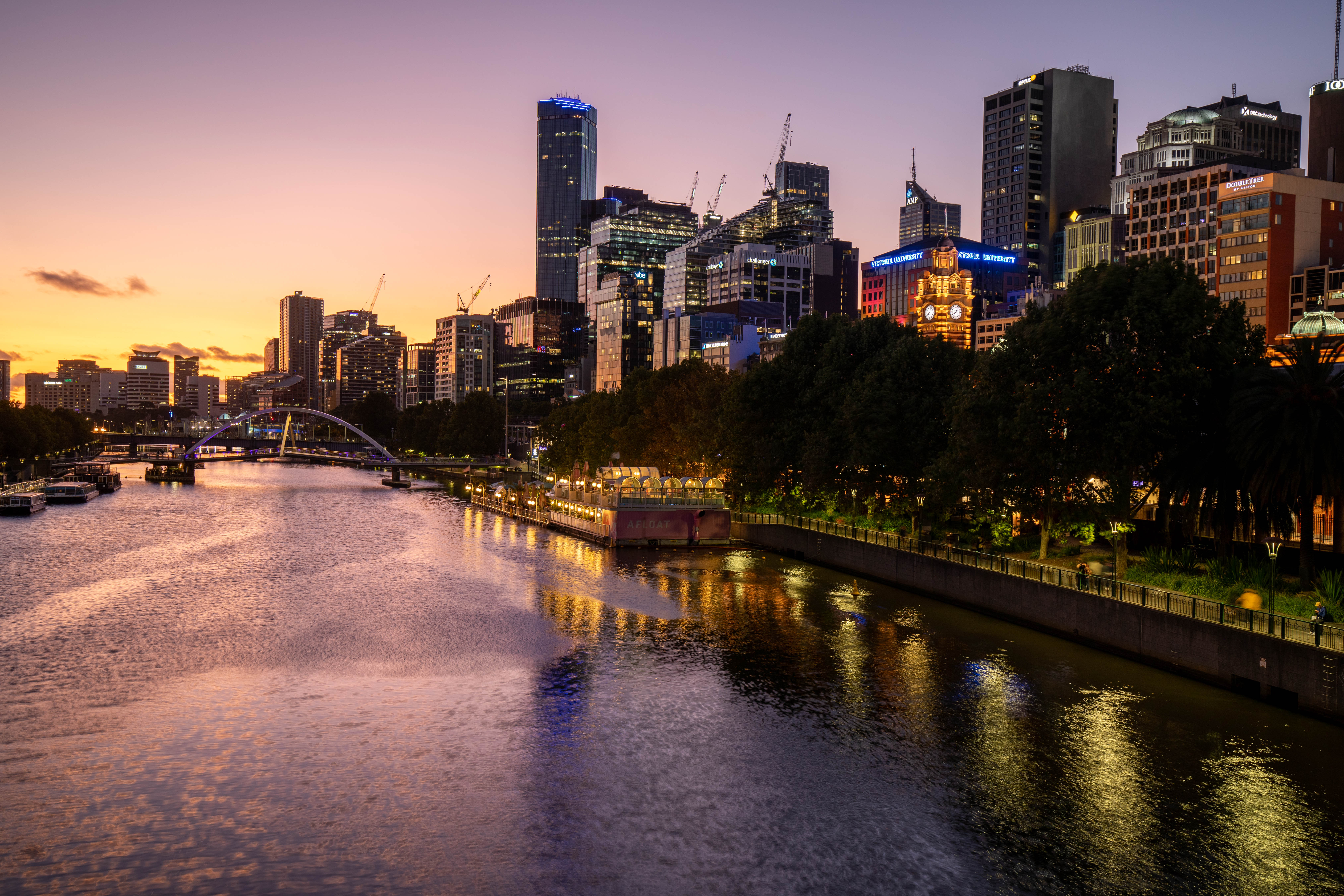 City Buildings Lights River Twilight