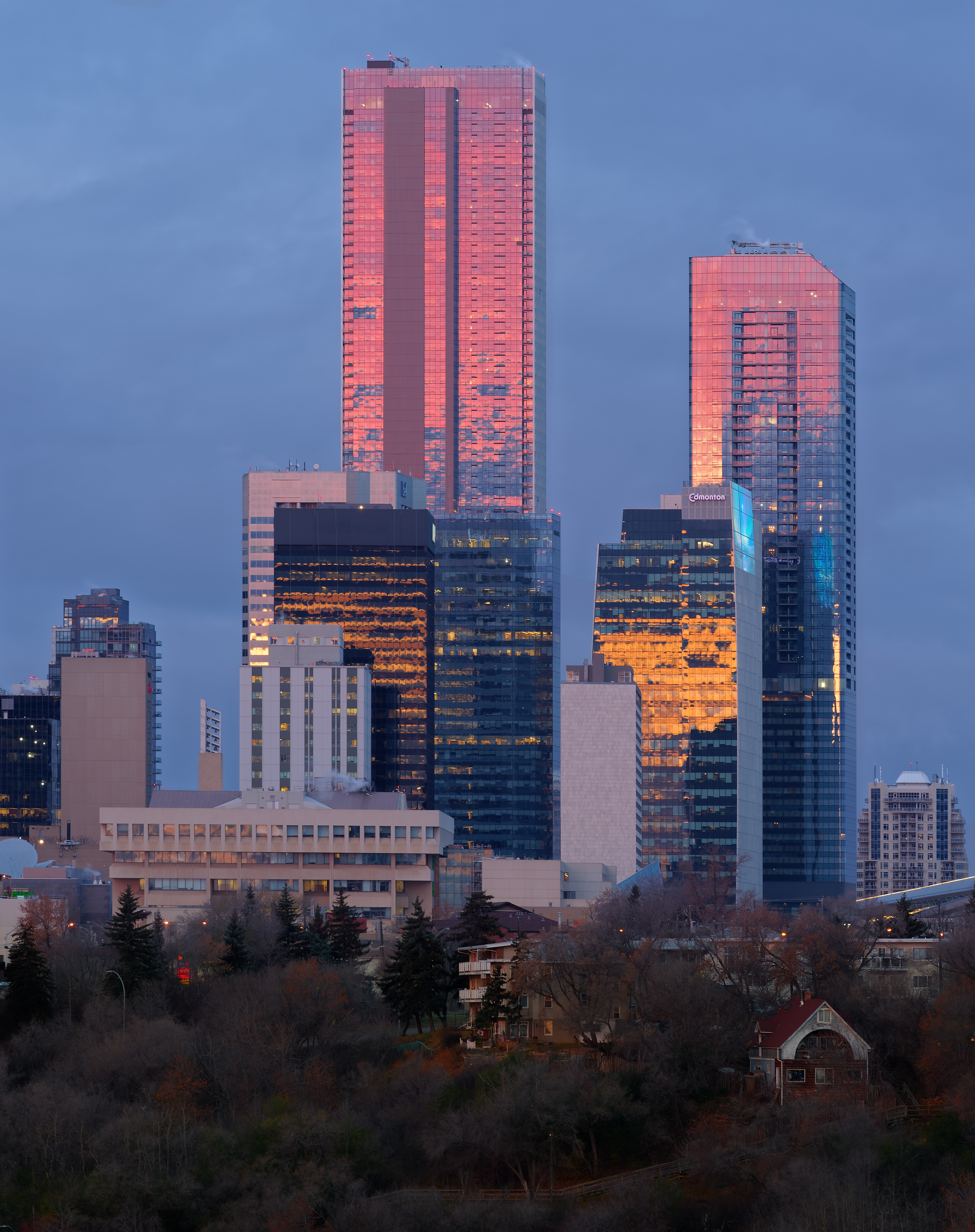 City Buildings Reflection Twilight