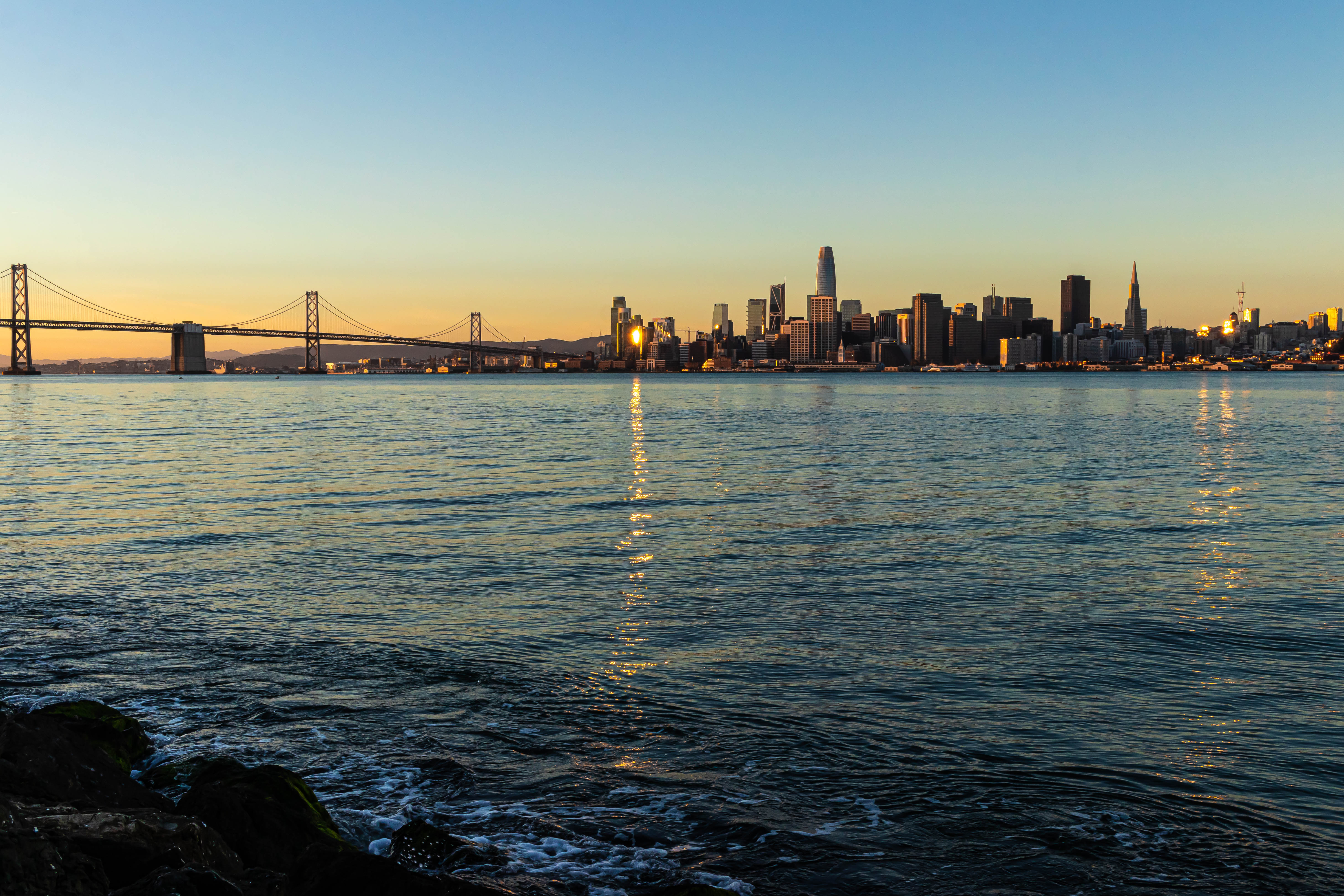 City Buildings River Water Light Twilight