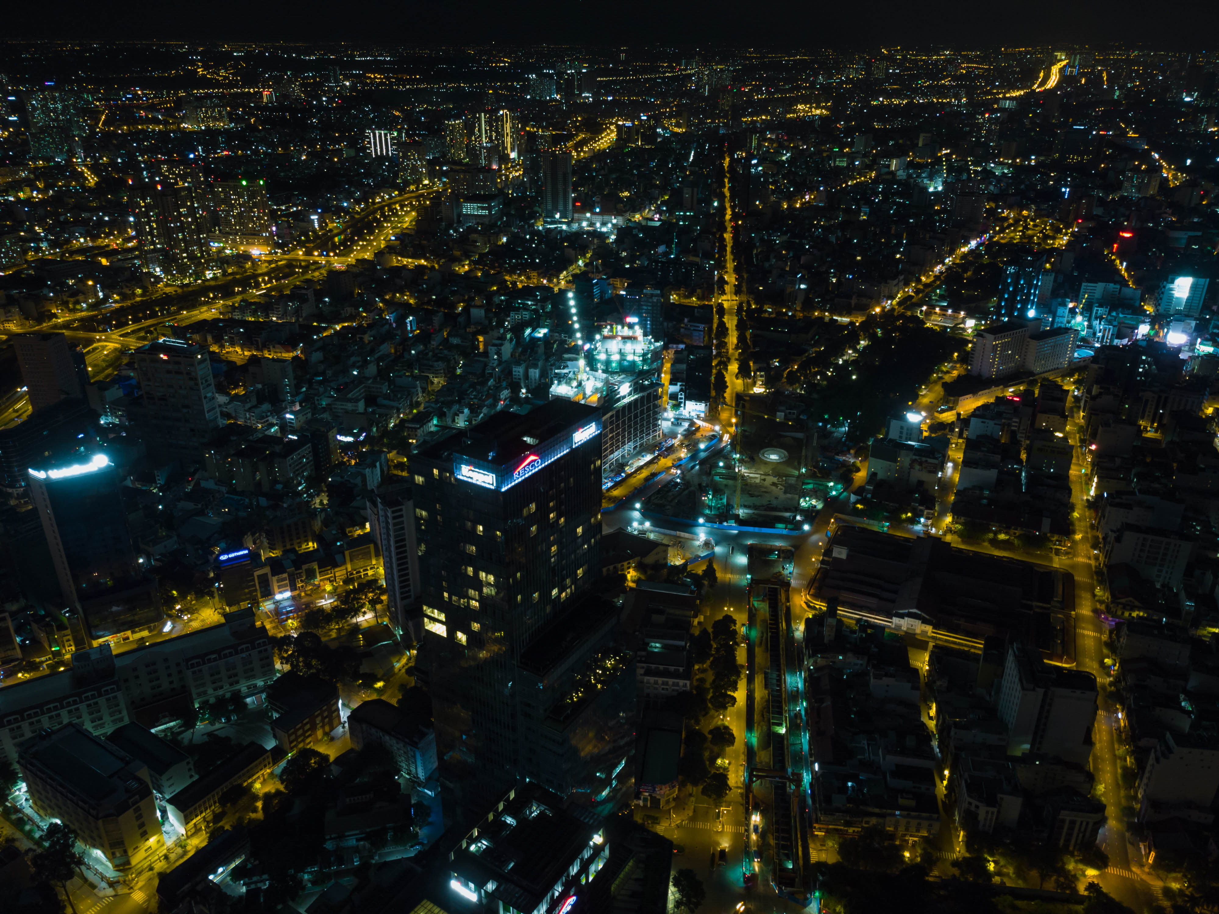 City Buildings Road Lights Aerial-view Dark
