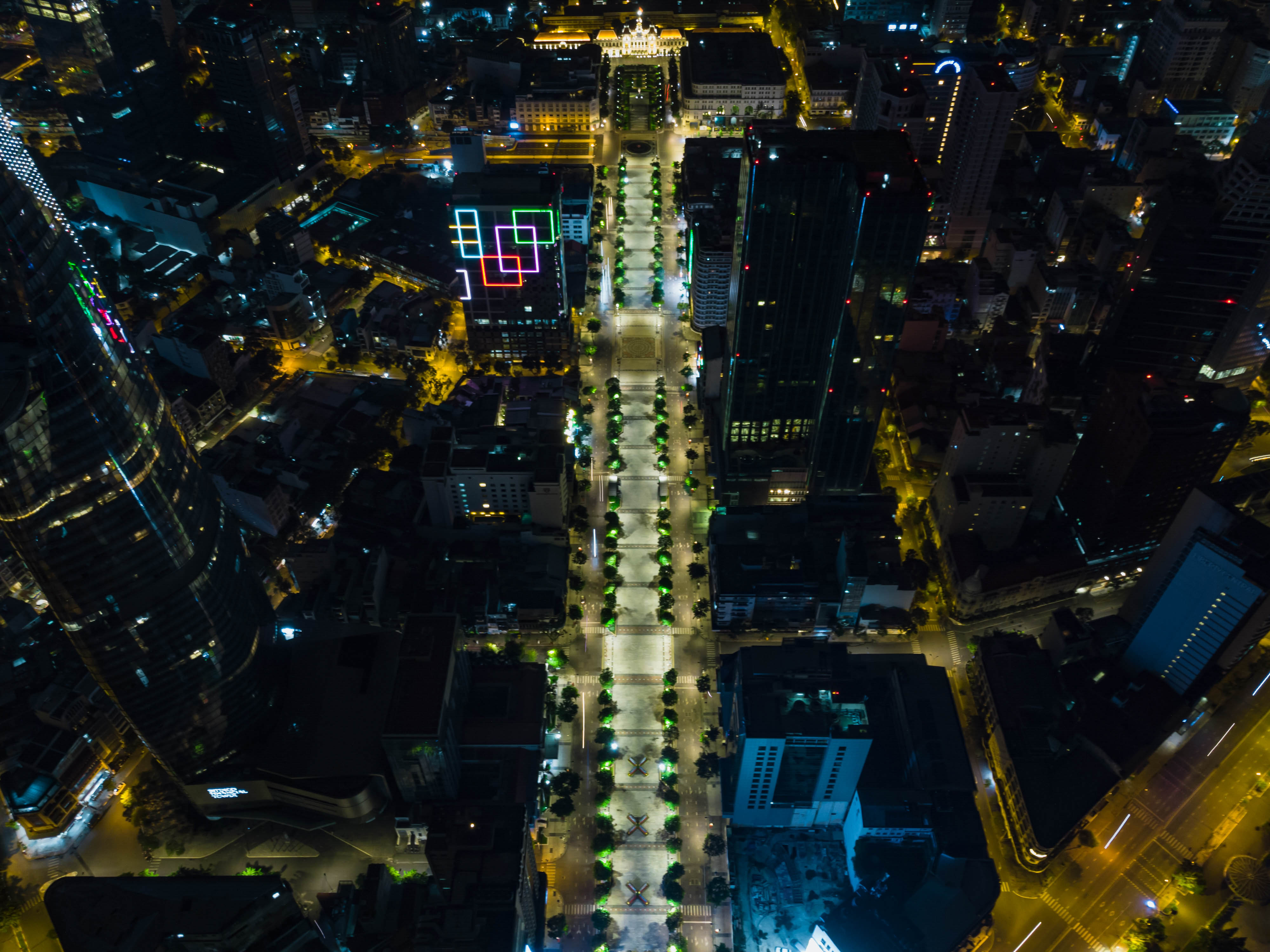 City Buildings Road Lights Aerial-view Night Dark