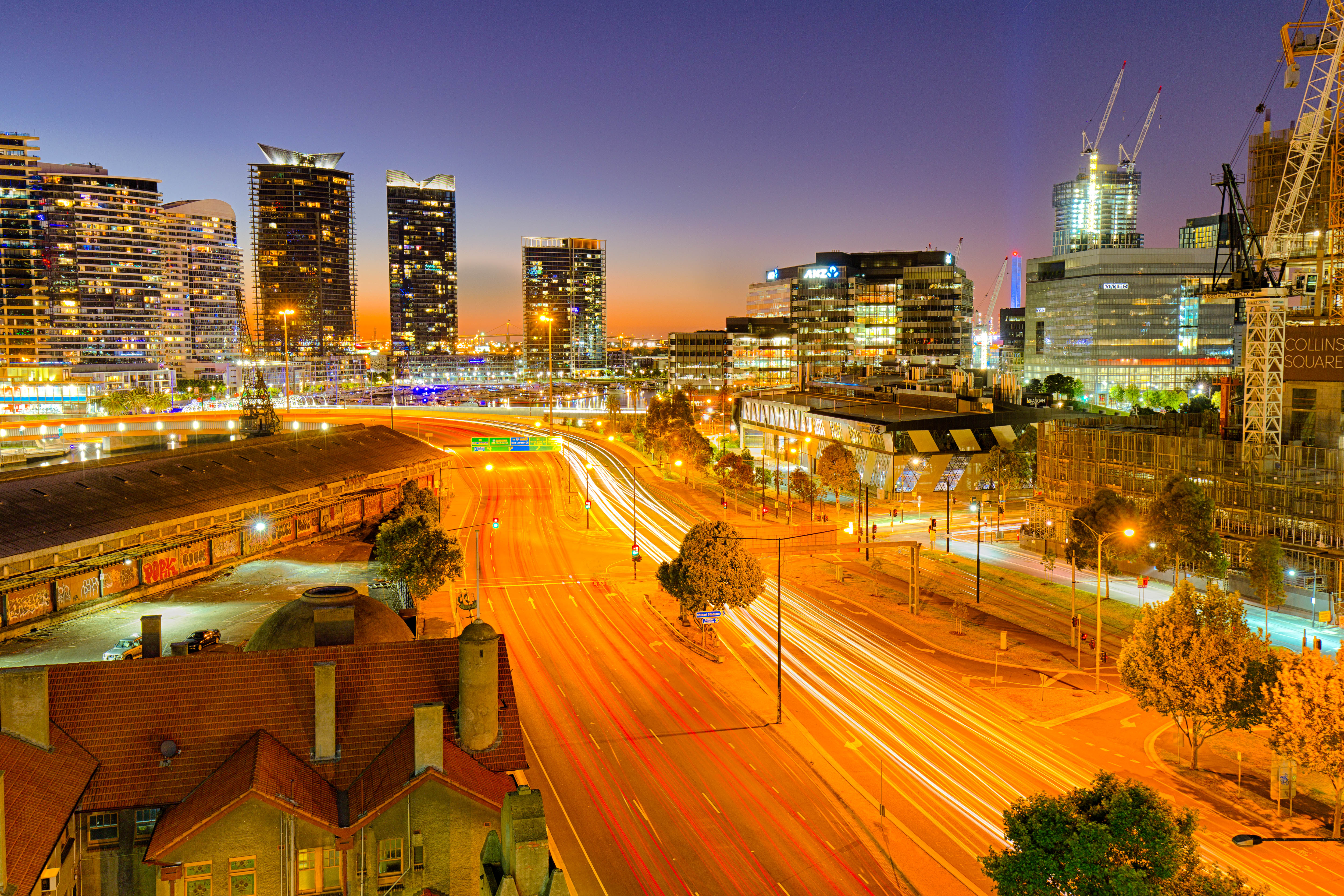 City Buildings Road Twilight Lights Aerial-view