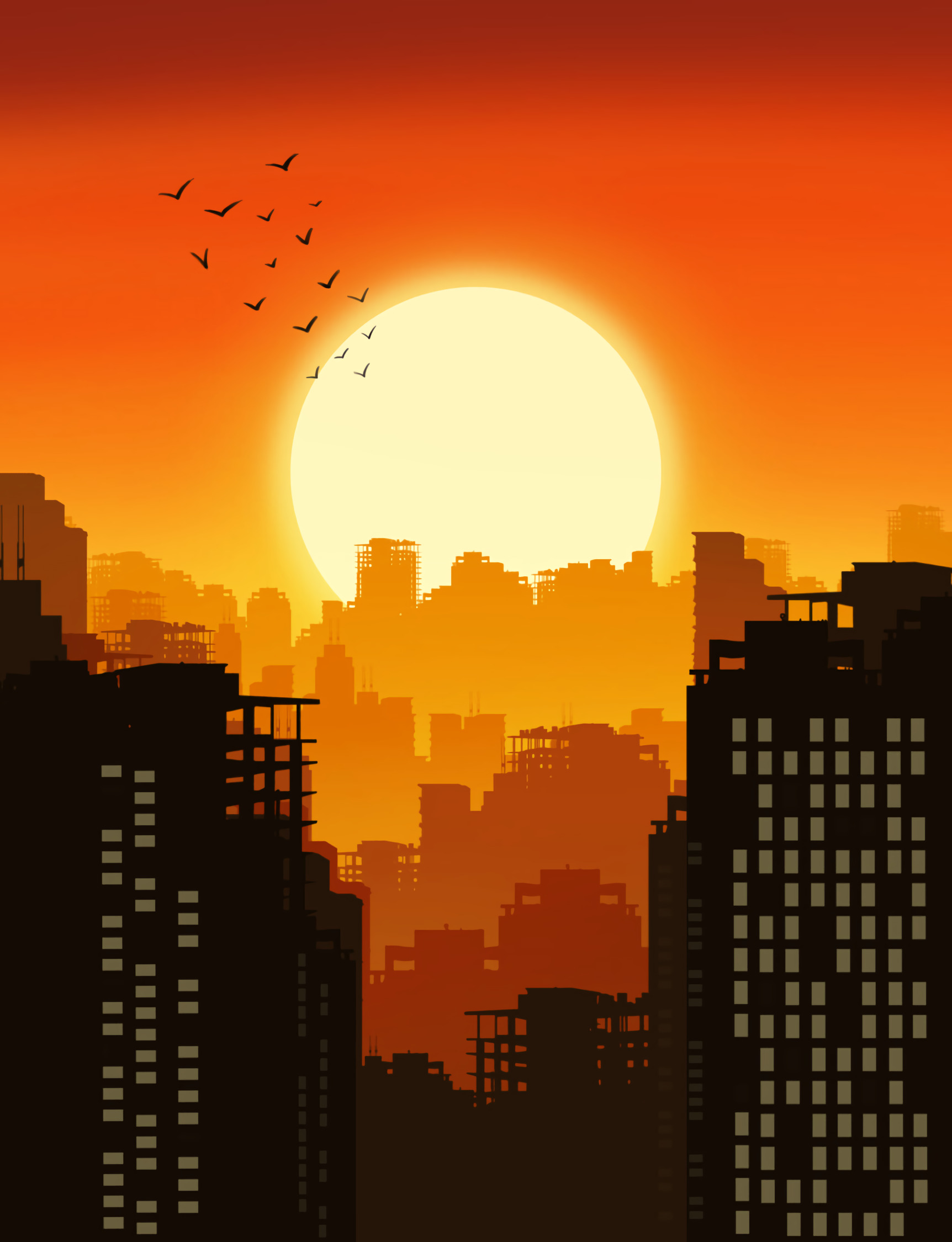 City Buildings Silhouettes Sun Sunset Vector Art