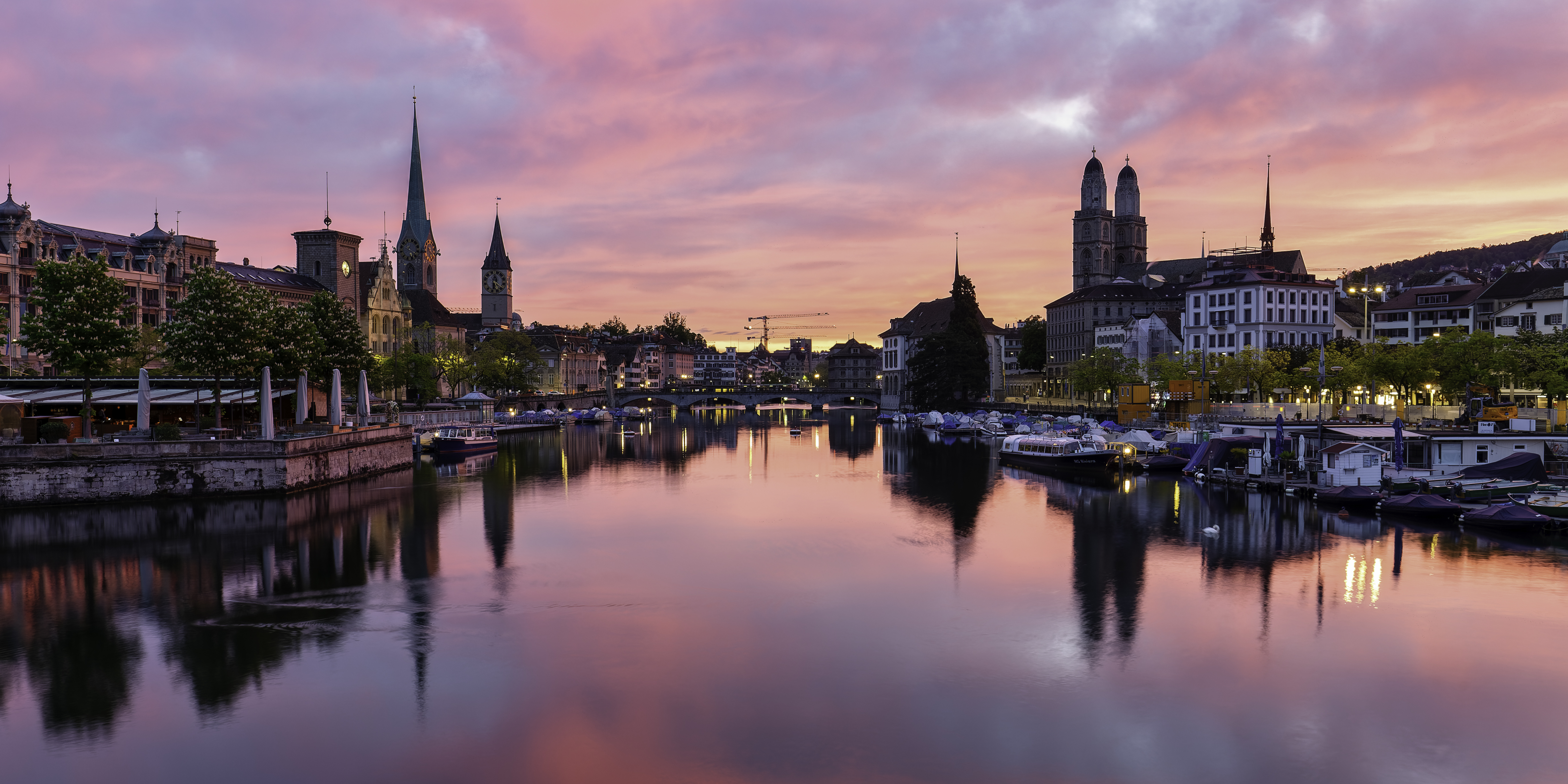 City Buildings Water River Sunset