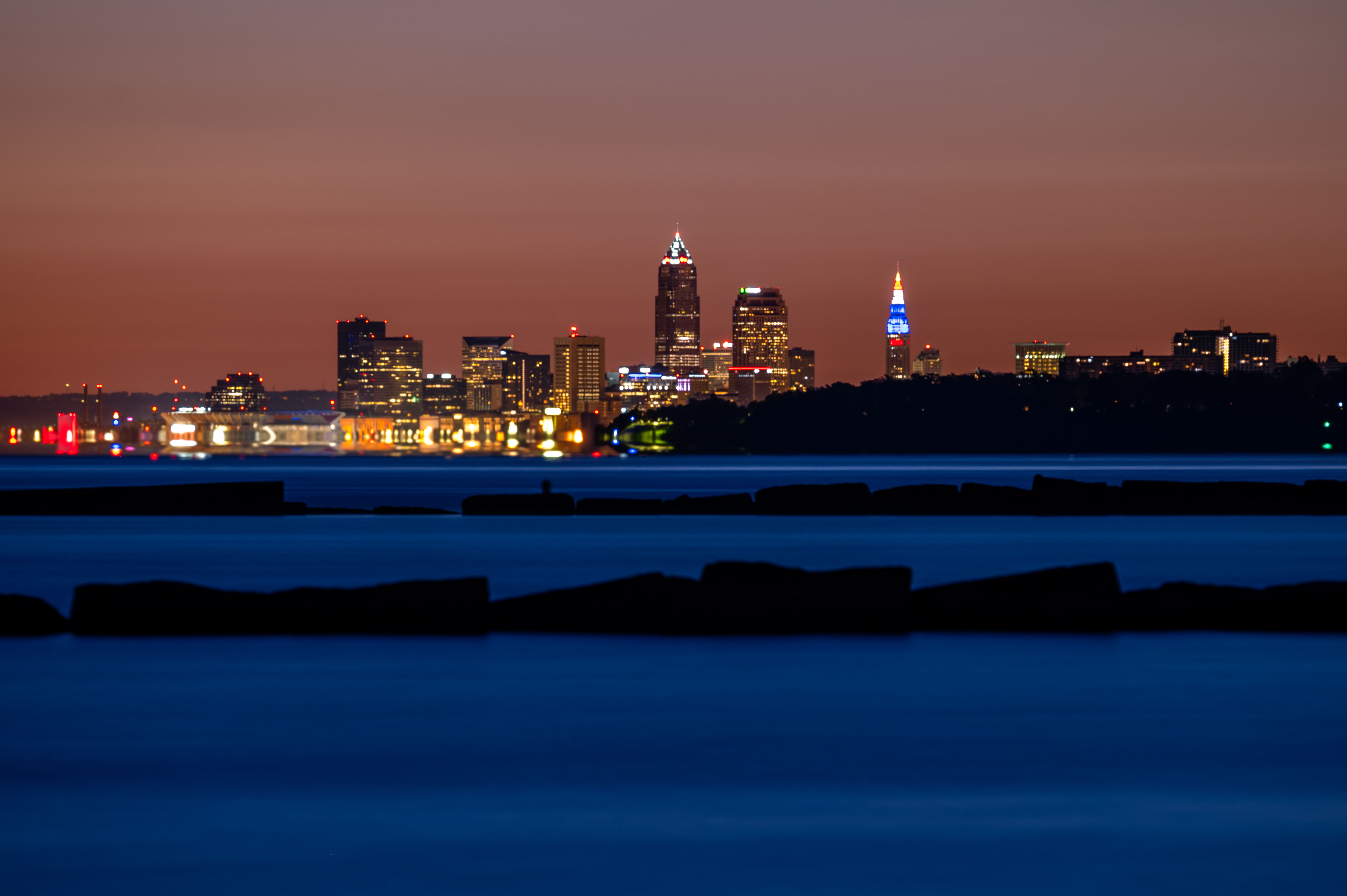 City Lights Water Twilight Dark