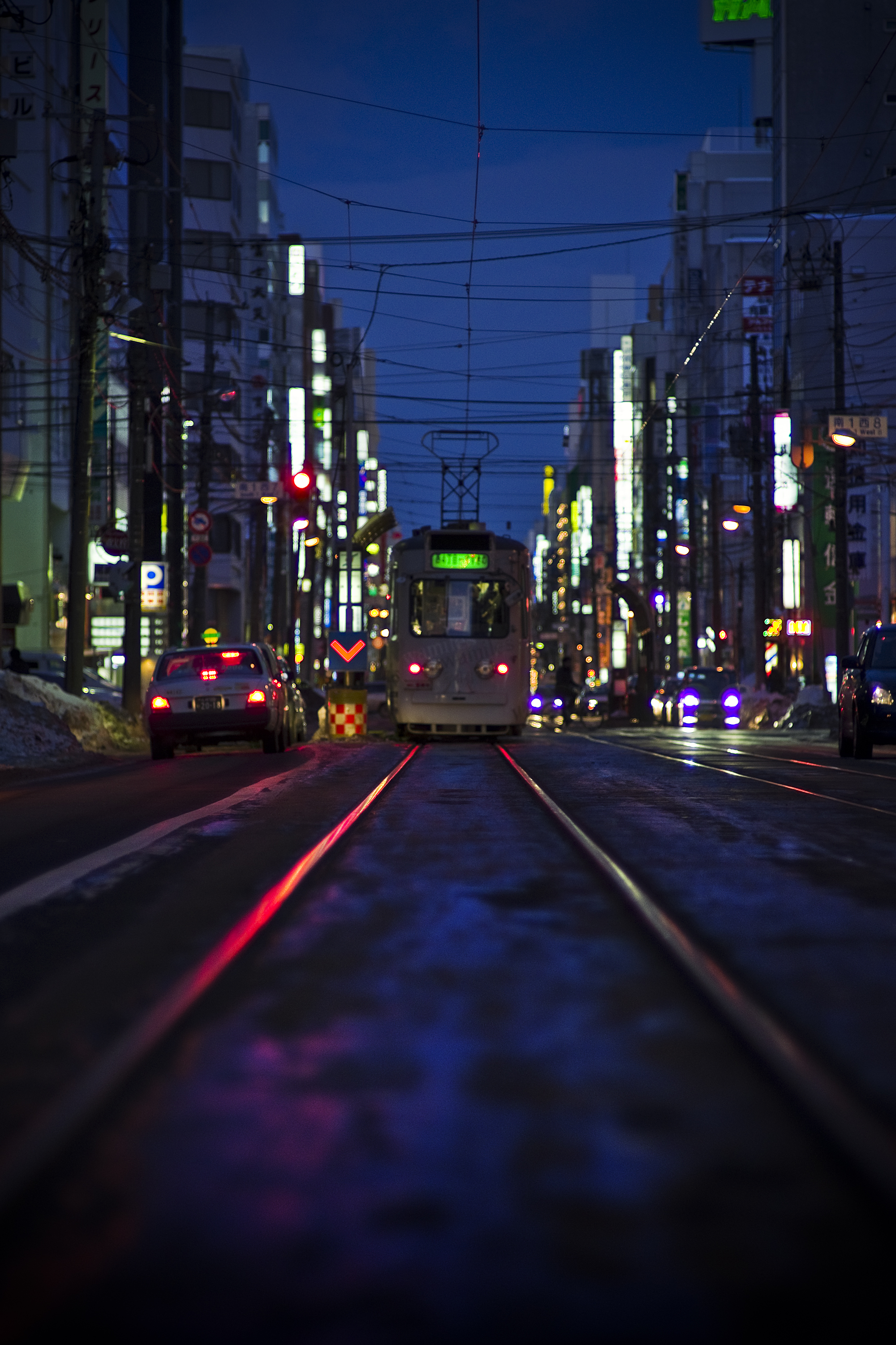 City Tram Rails Buildings Street Lights