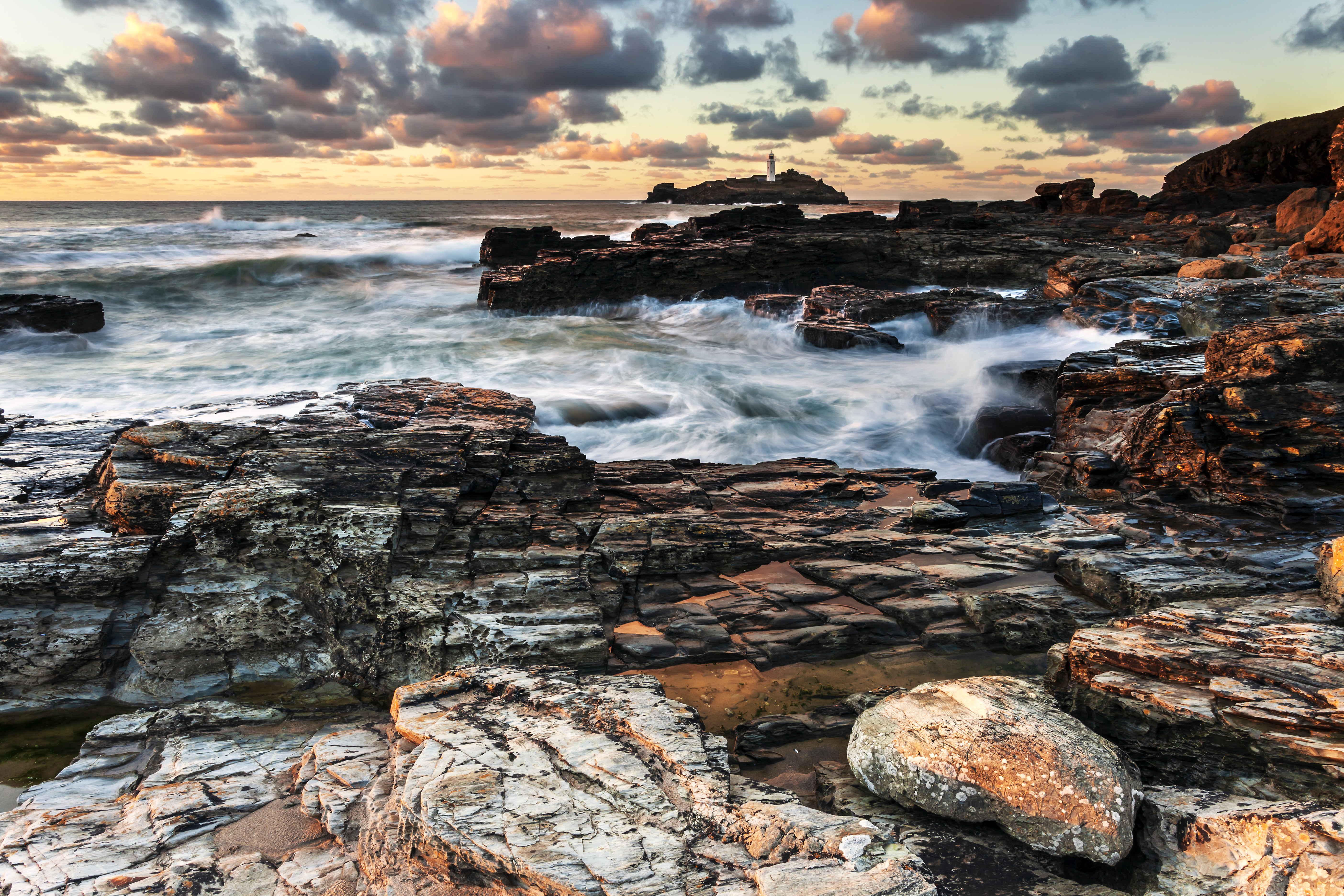 Coast Rocks Ocean Twilight Landscape