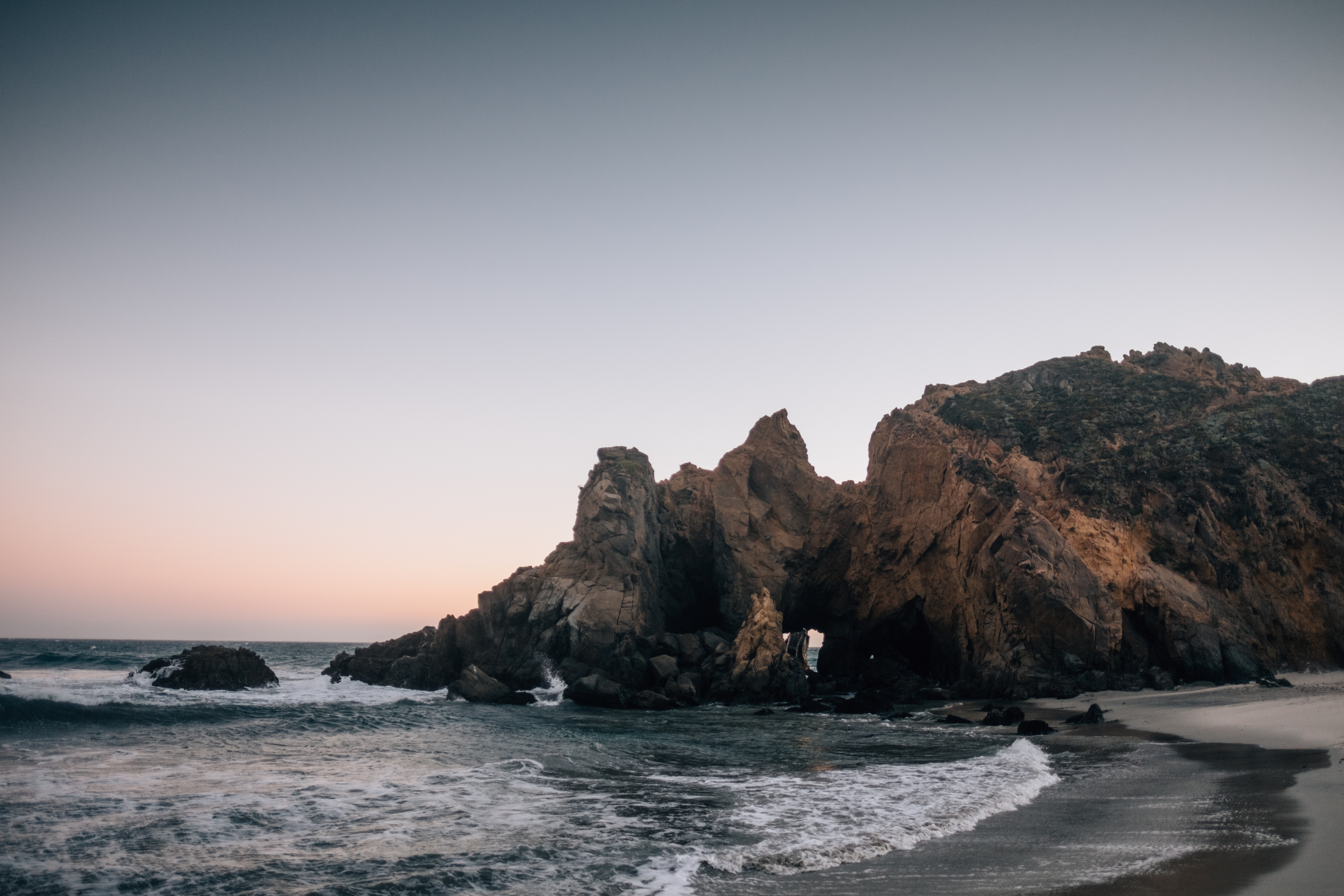 Coast Rocks Sea Waves Landscape Twilight