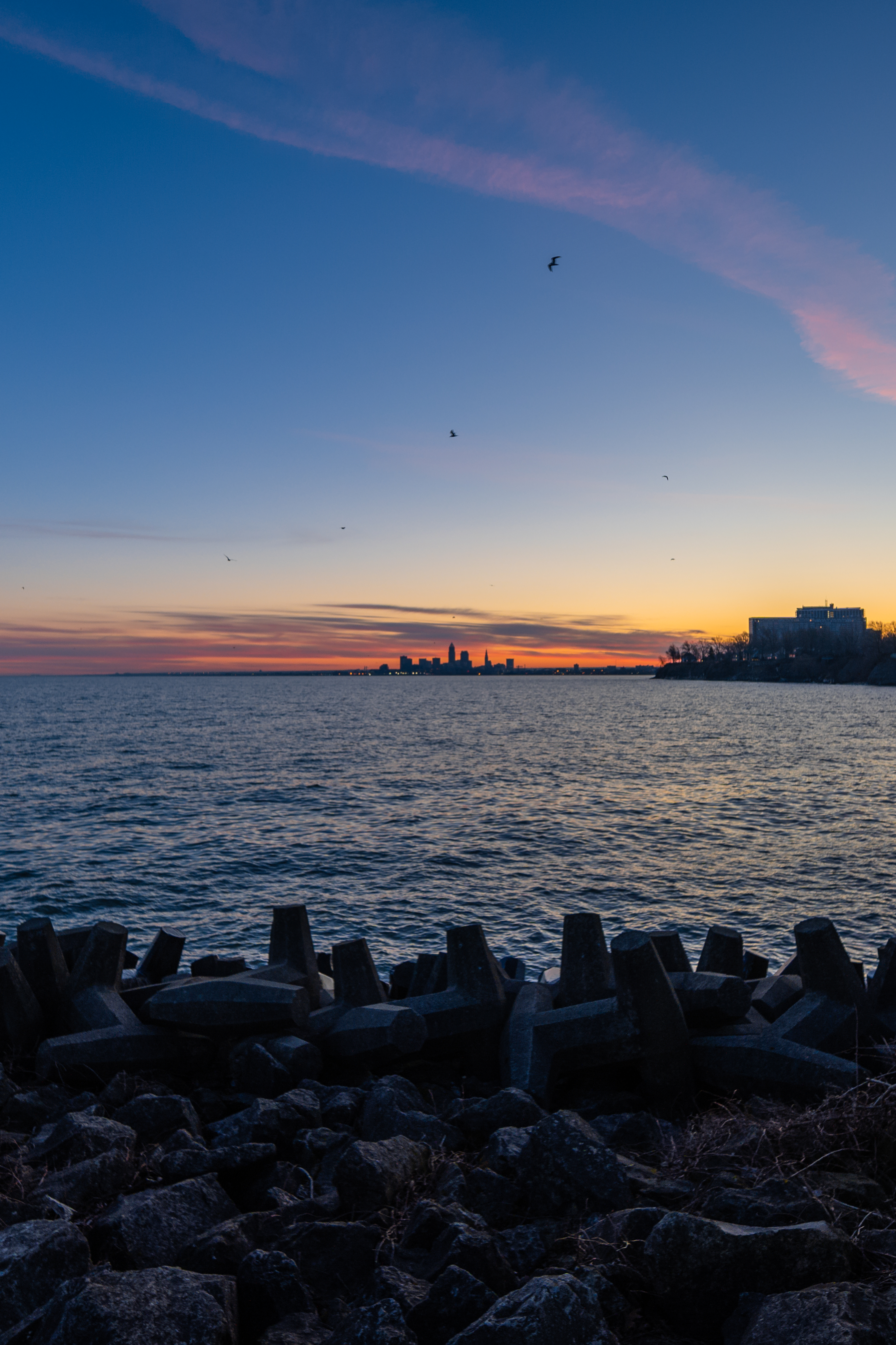 Coast Sea Water Buildings Horizon Twilight