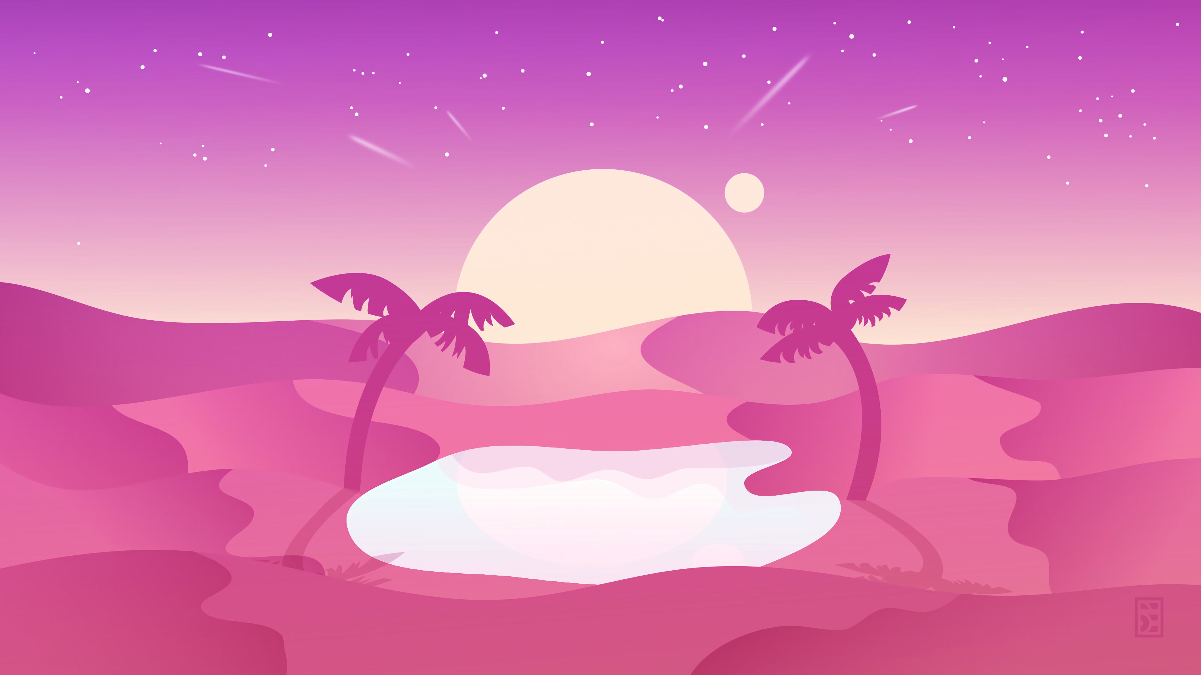 Desert Palm-trees Oasis Vector Art Pink