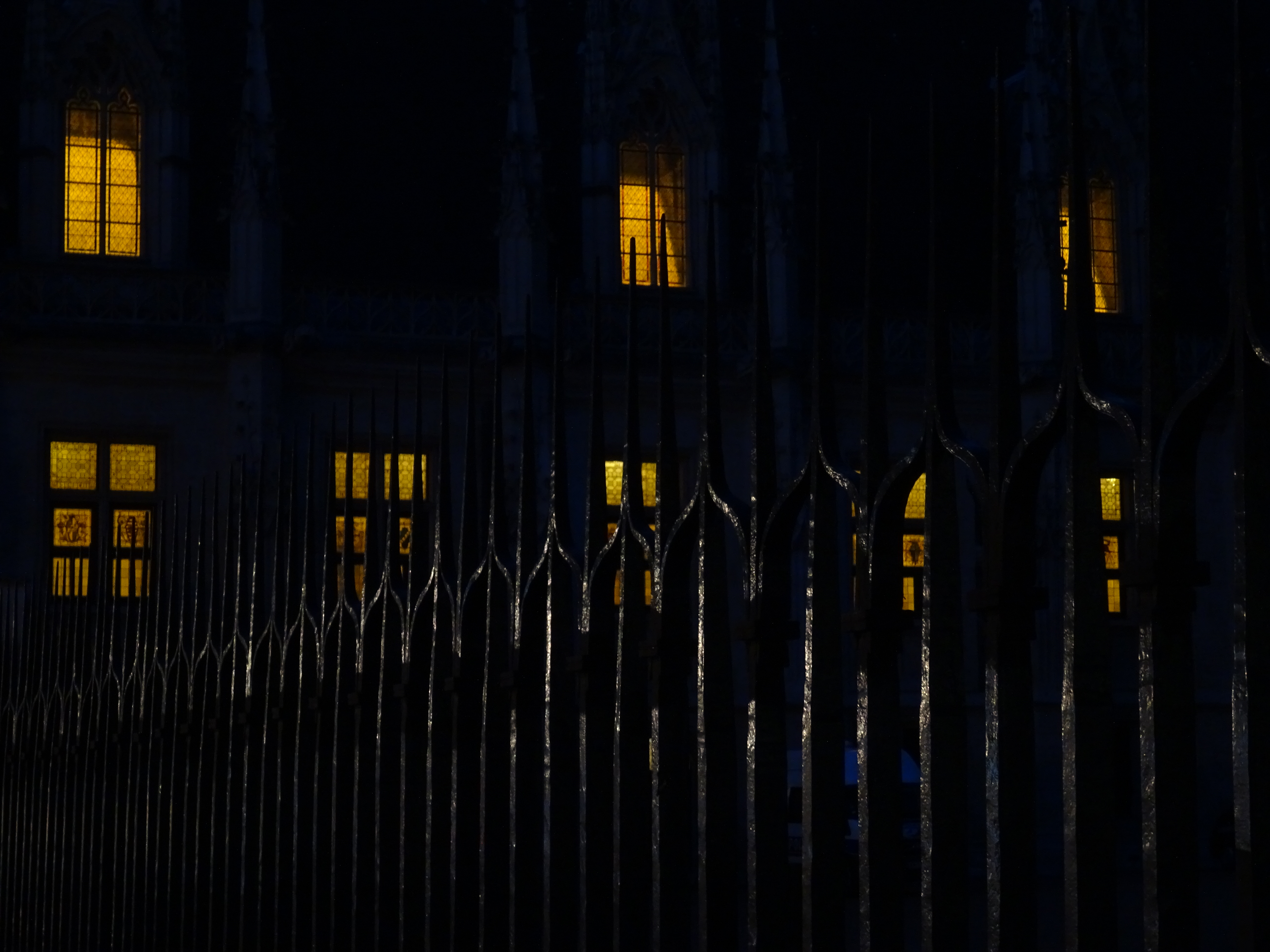 Fence Spikes Building Windows Night Dark