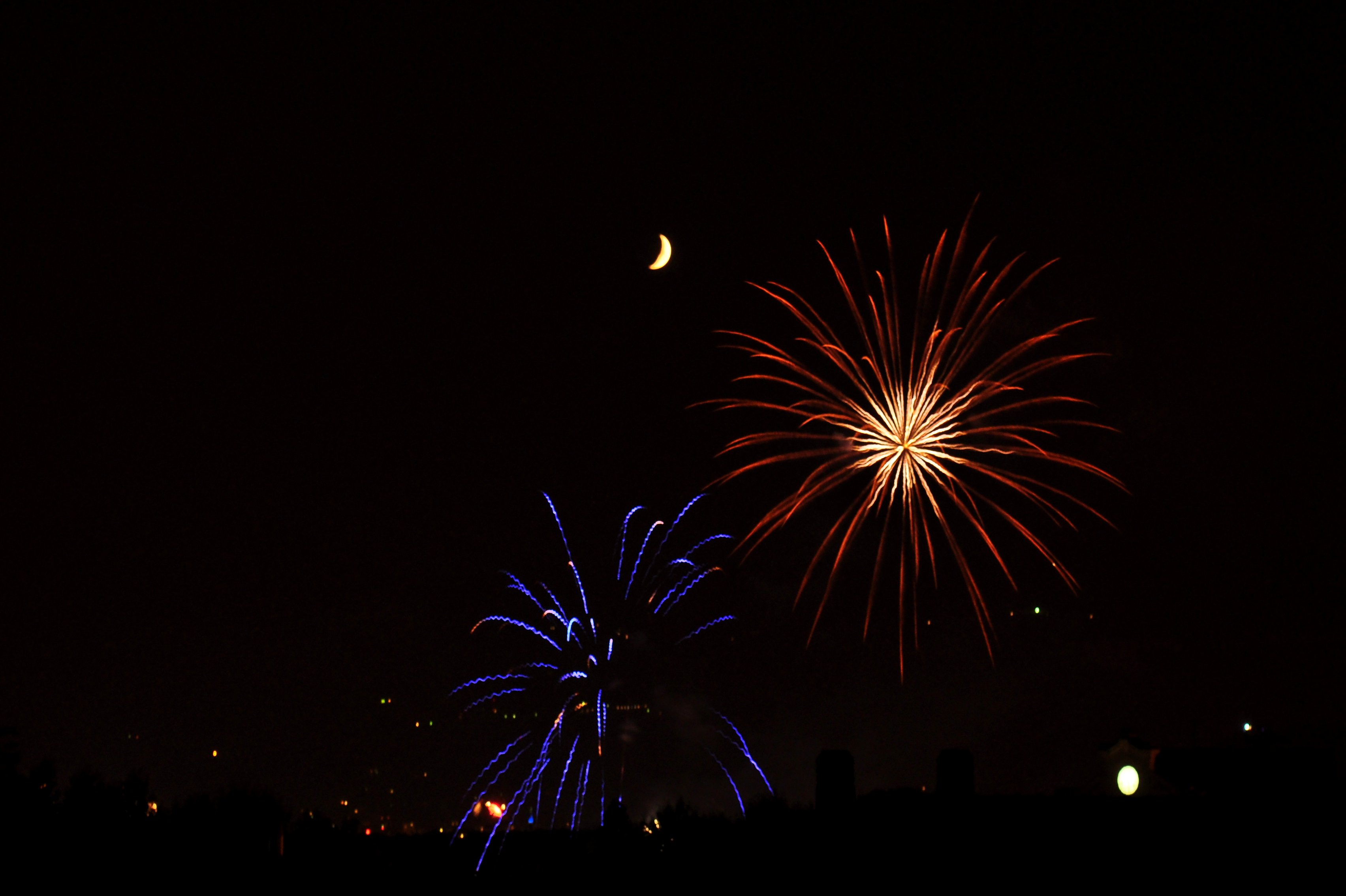 Fireworks Sparks Explosions Moon Night Dark