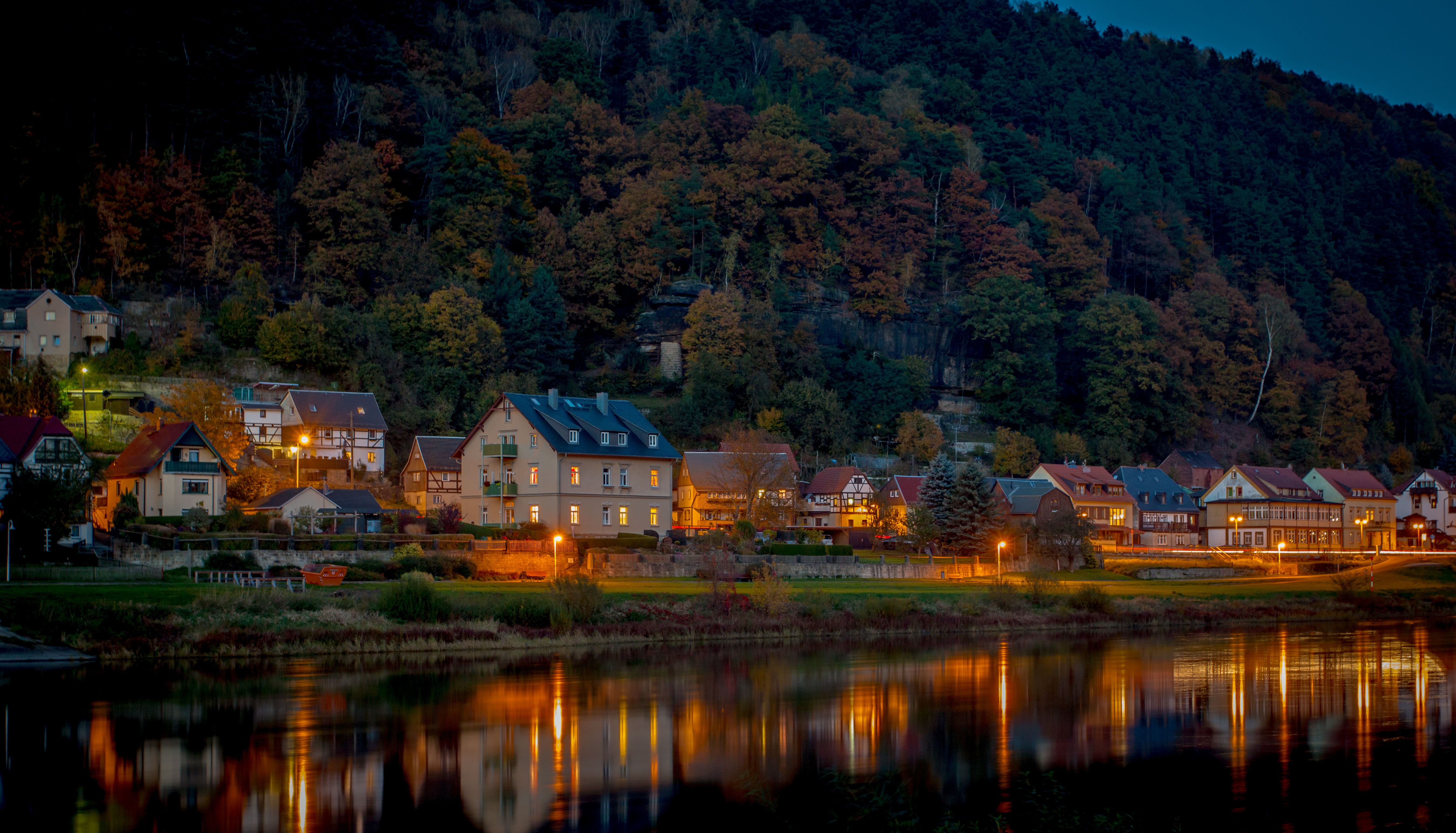 Forest Houses Lake Reflection Landscape