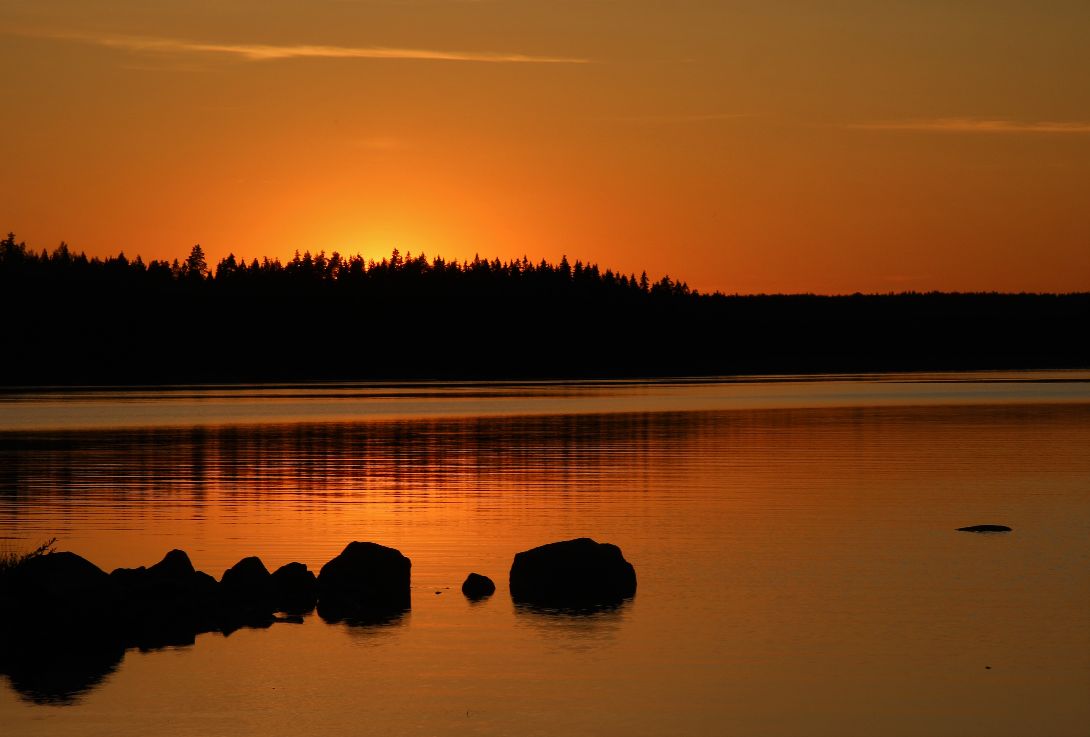 Forest Silhouettes Lake Stones Twilight Dark Orange