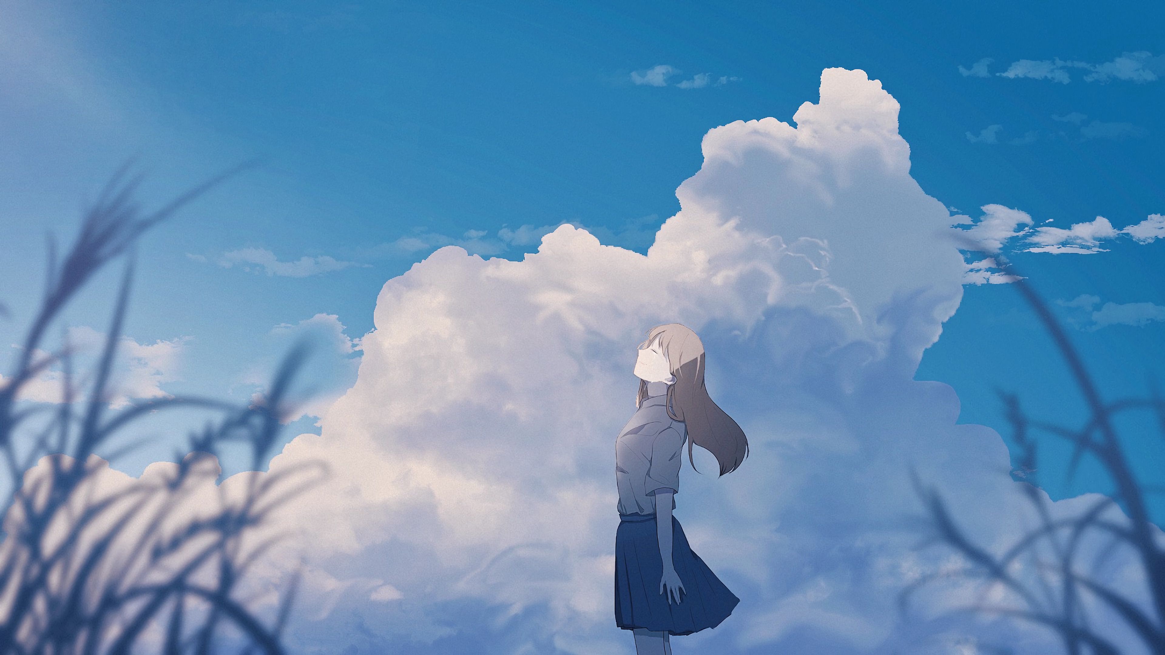 Girl Alone Smile Clouds Anime Art