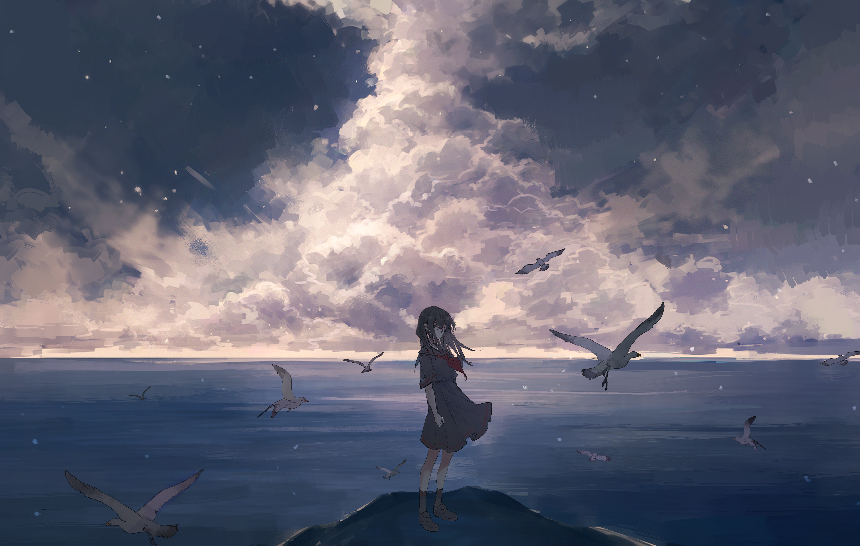 Girl Birds Clouds Sea Anime Art