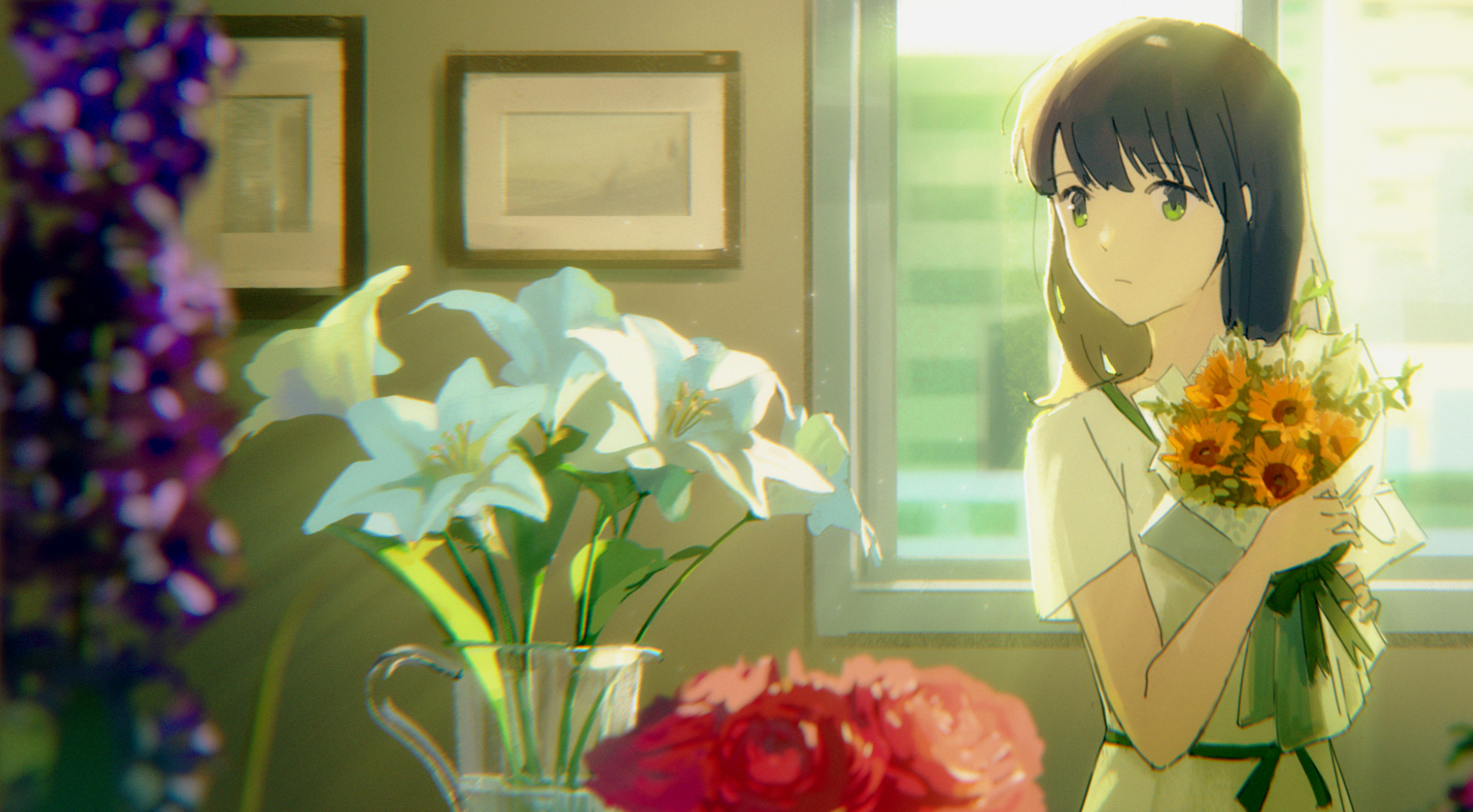 Girl Bouquet Flowers Anime Art