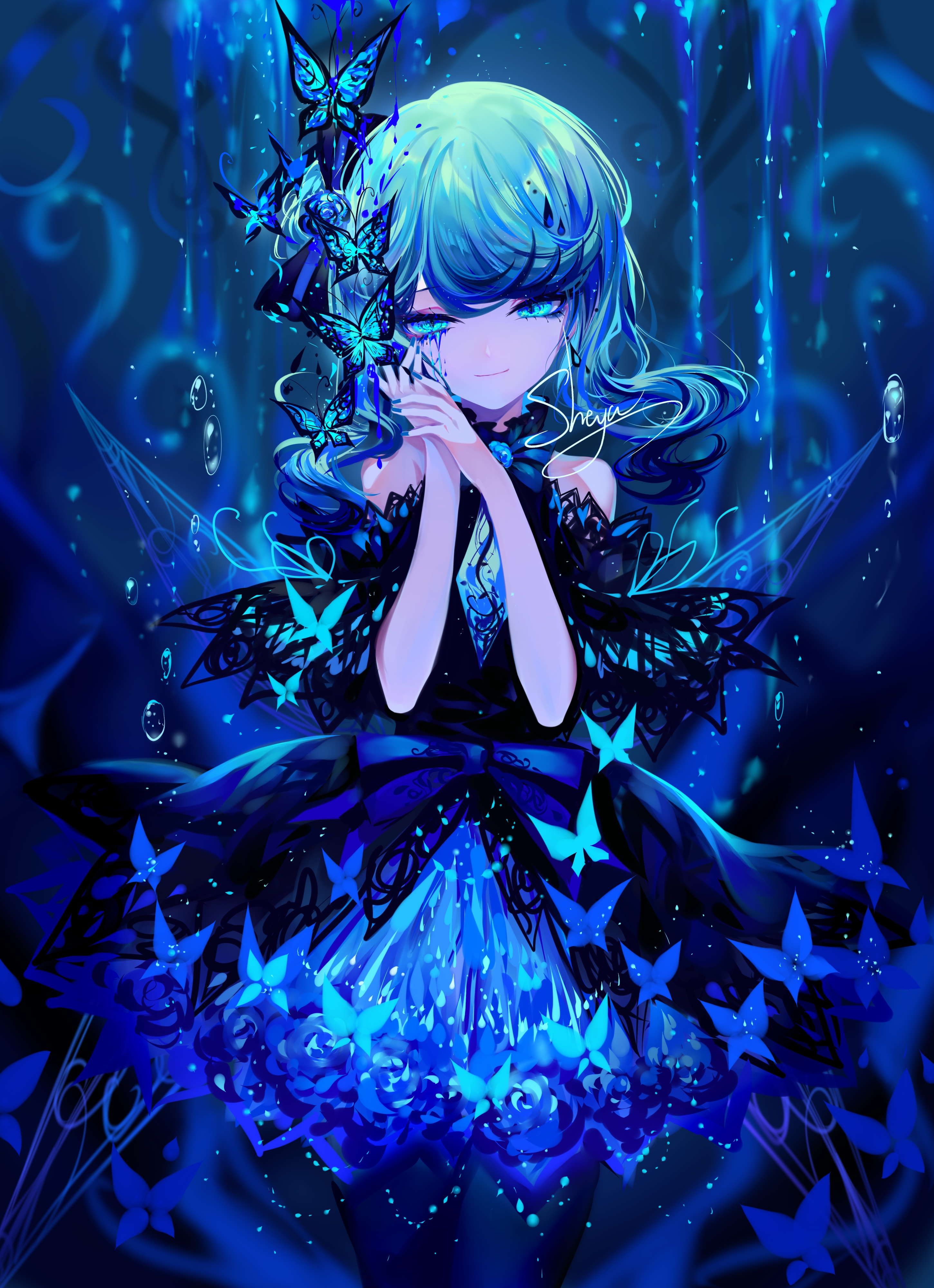 Girl Butterflies Anime Art Blue