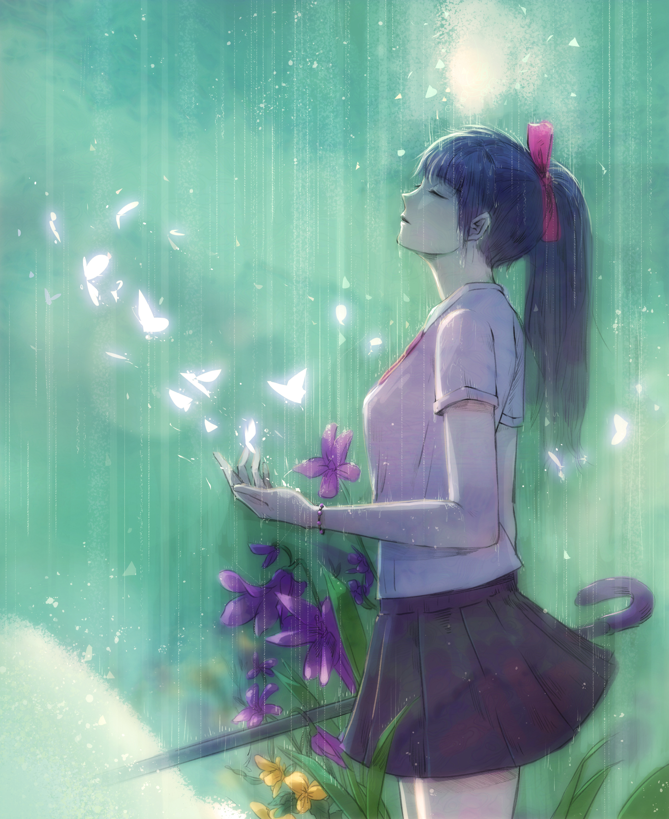 Girl Butterflies Rain Anime Art