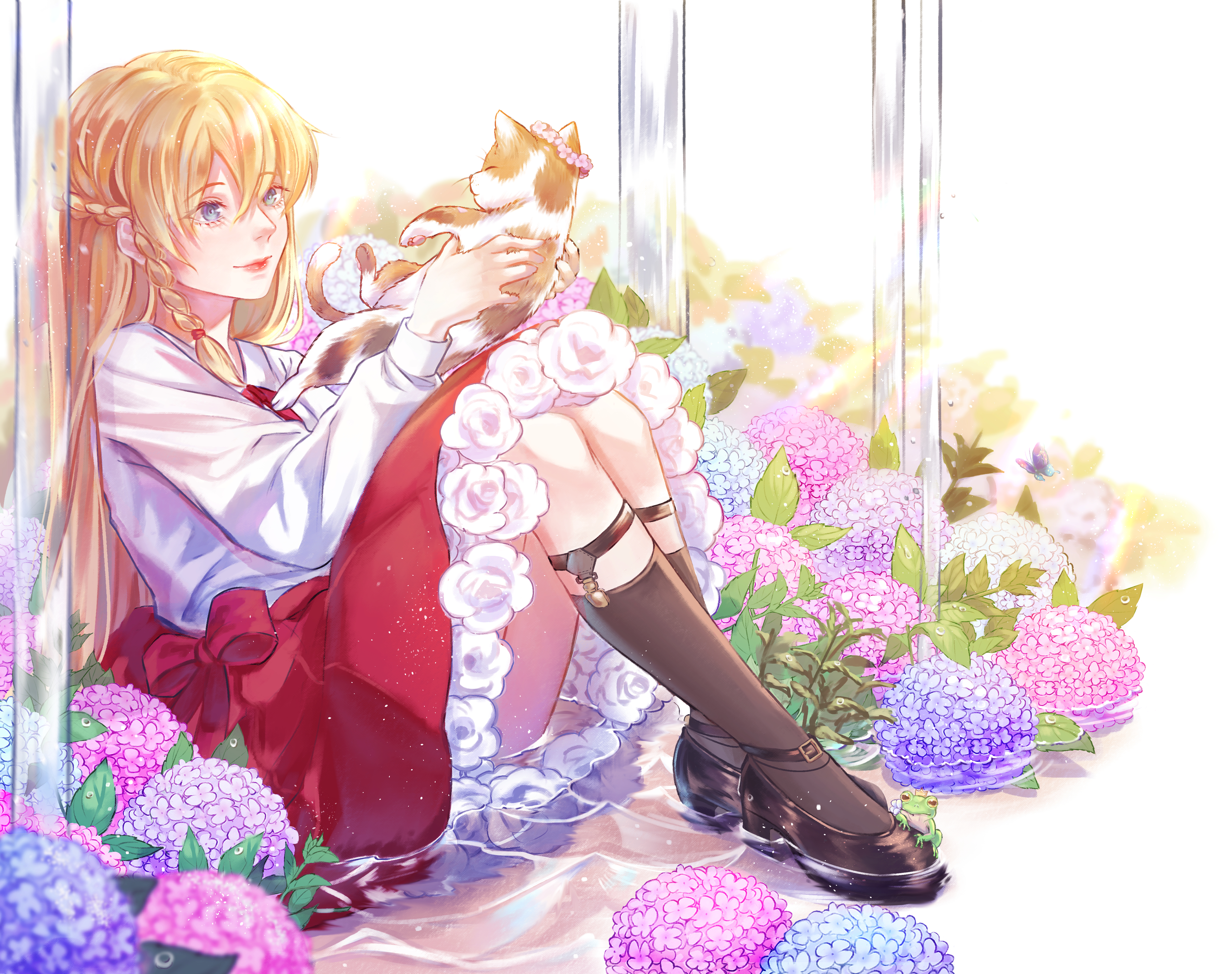 Girl Cat Hydrangeas Flowers Anime Art