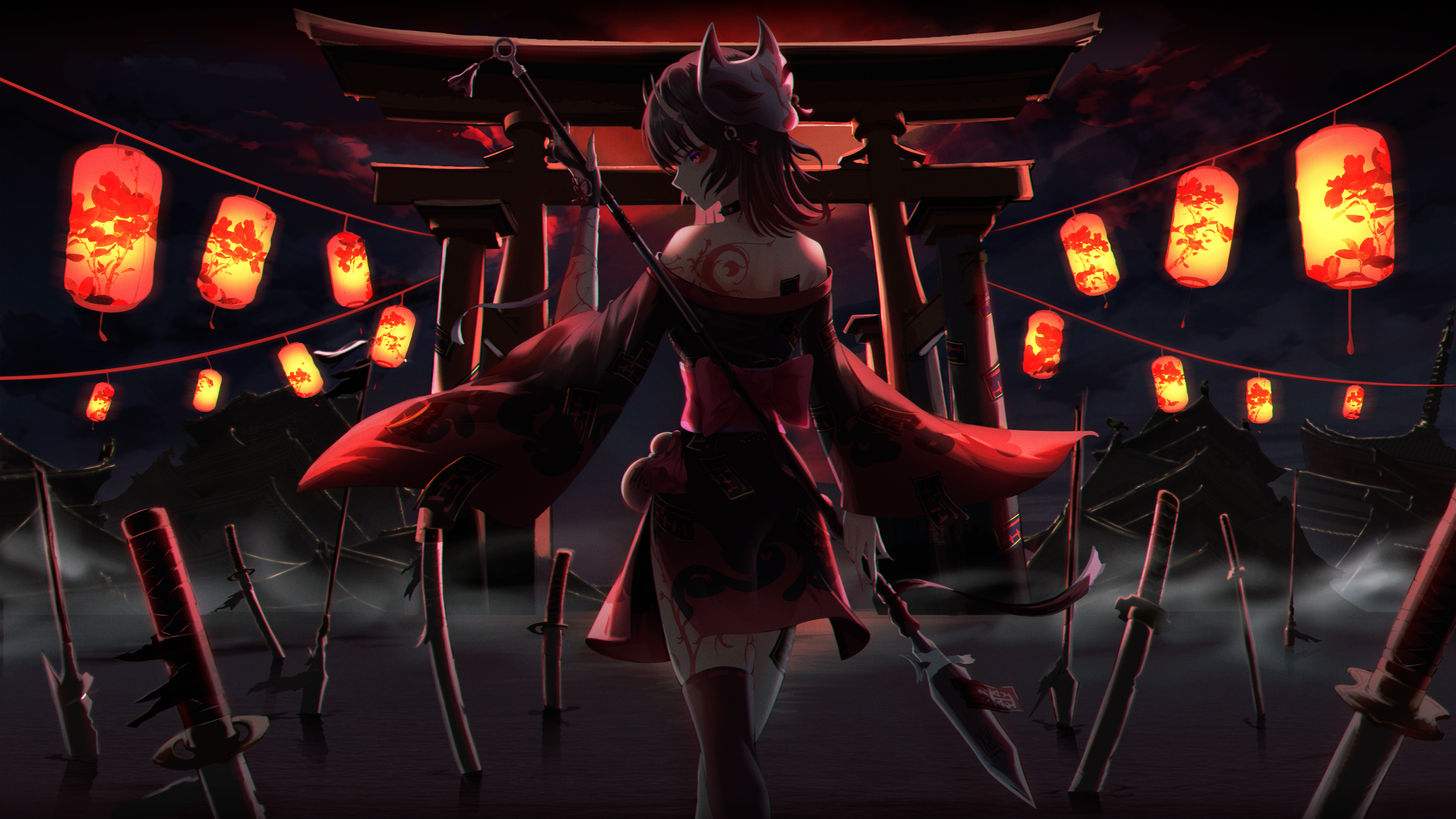 Girl Dress Ninja Lanterns Anime Art