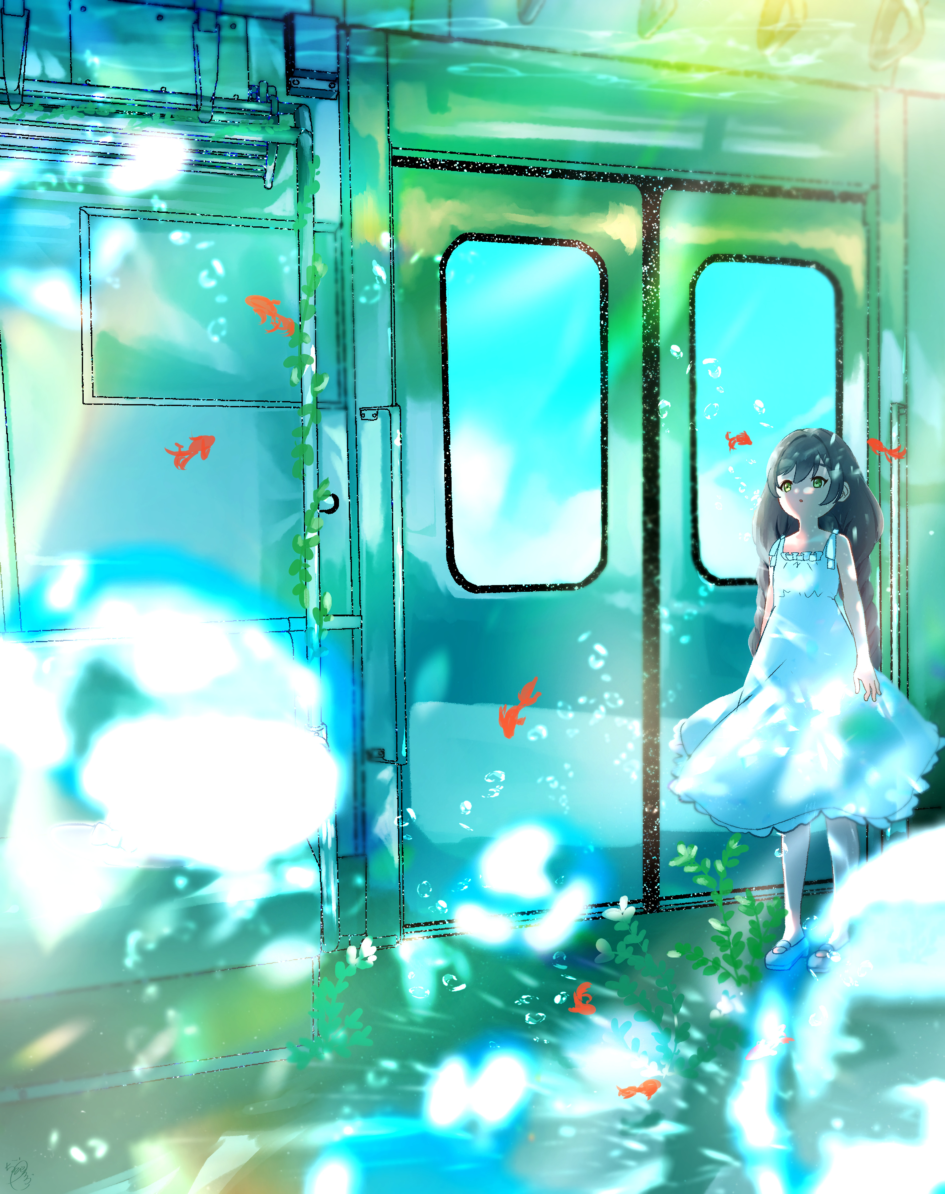 Girl Dress Train Fishes Anime