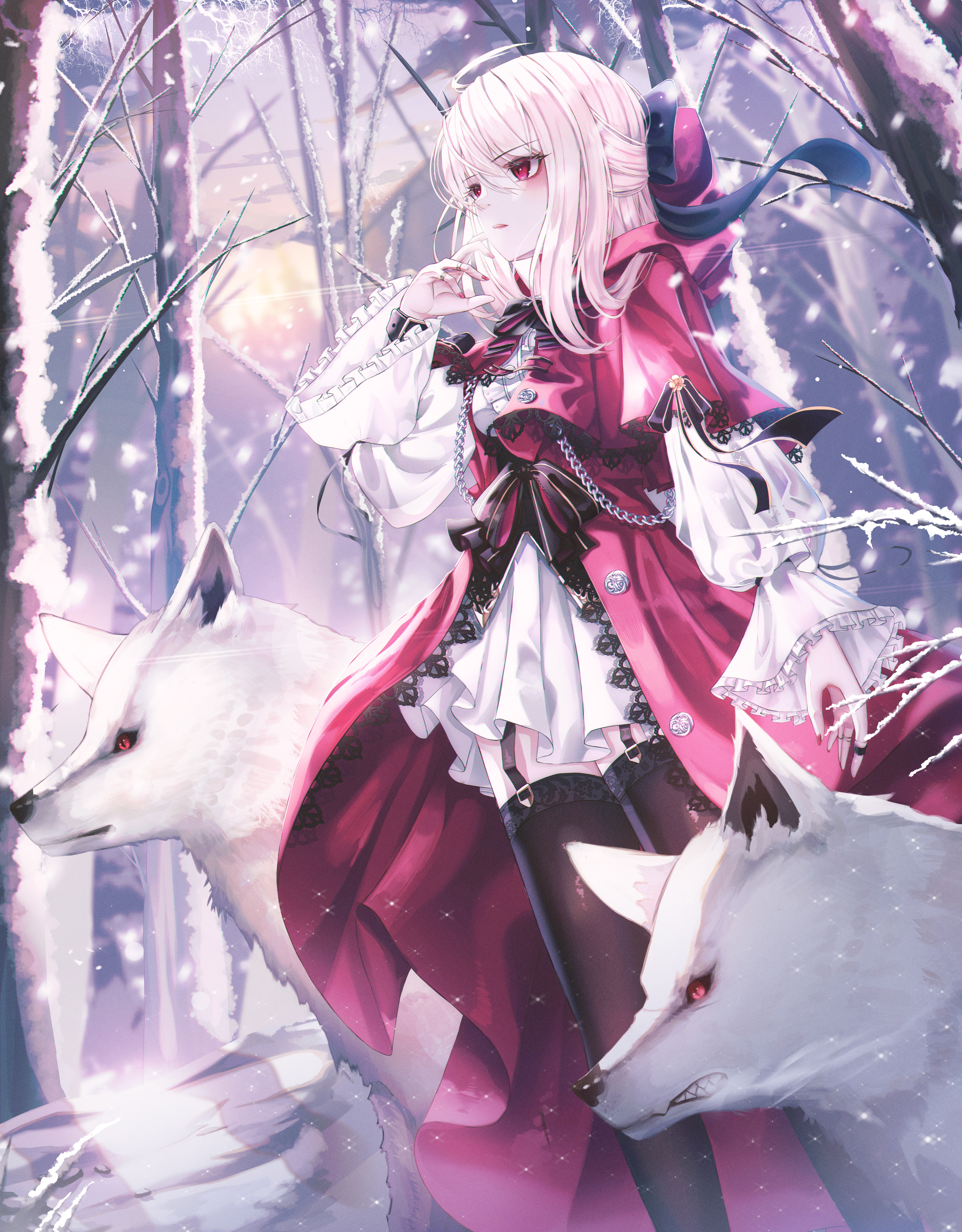 Girl Dress Wolves Winter Anime Art