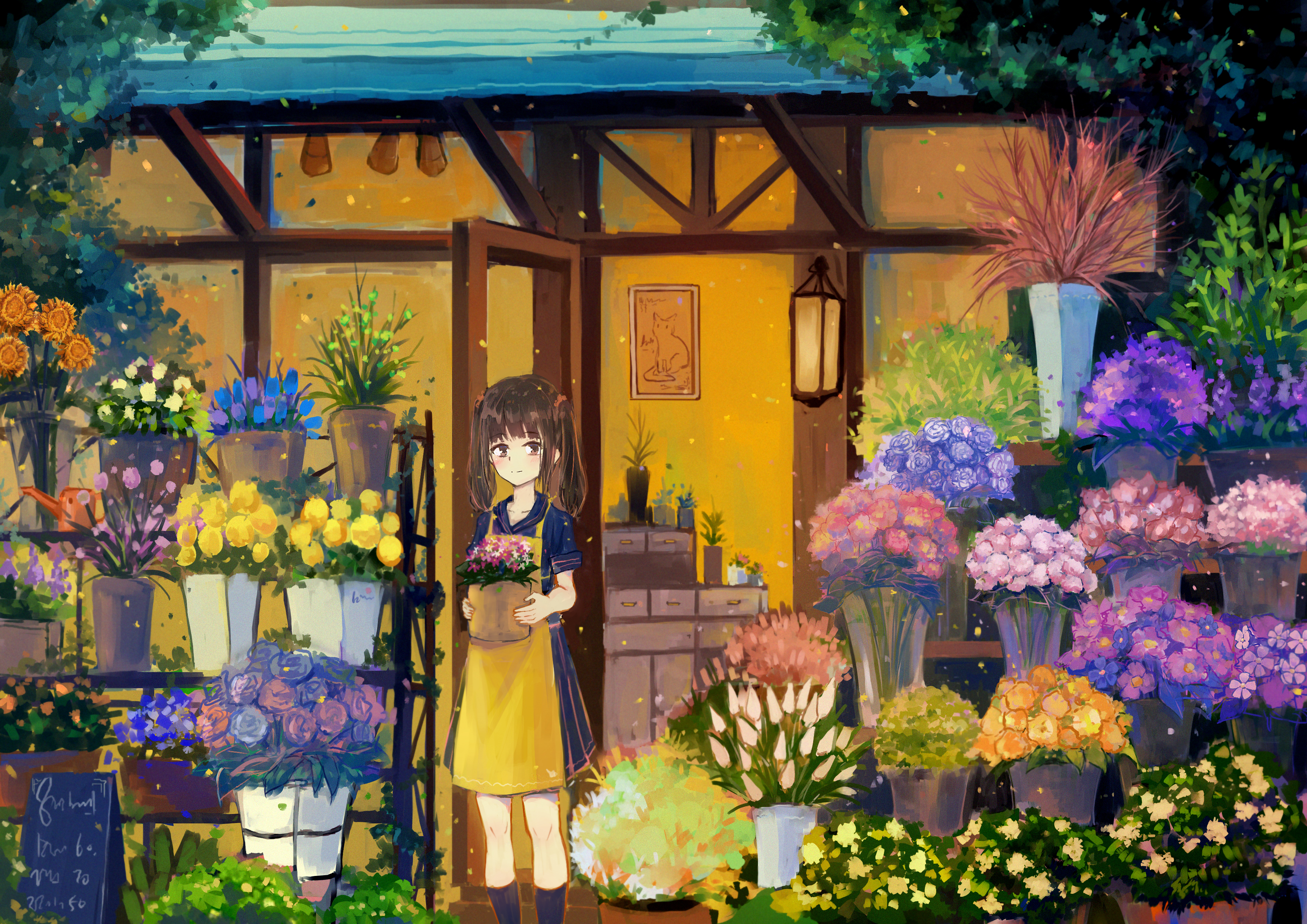 Girl Flowers Bouquets Anime Art