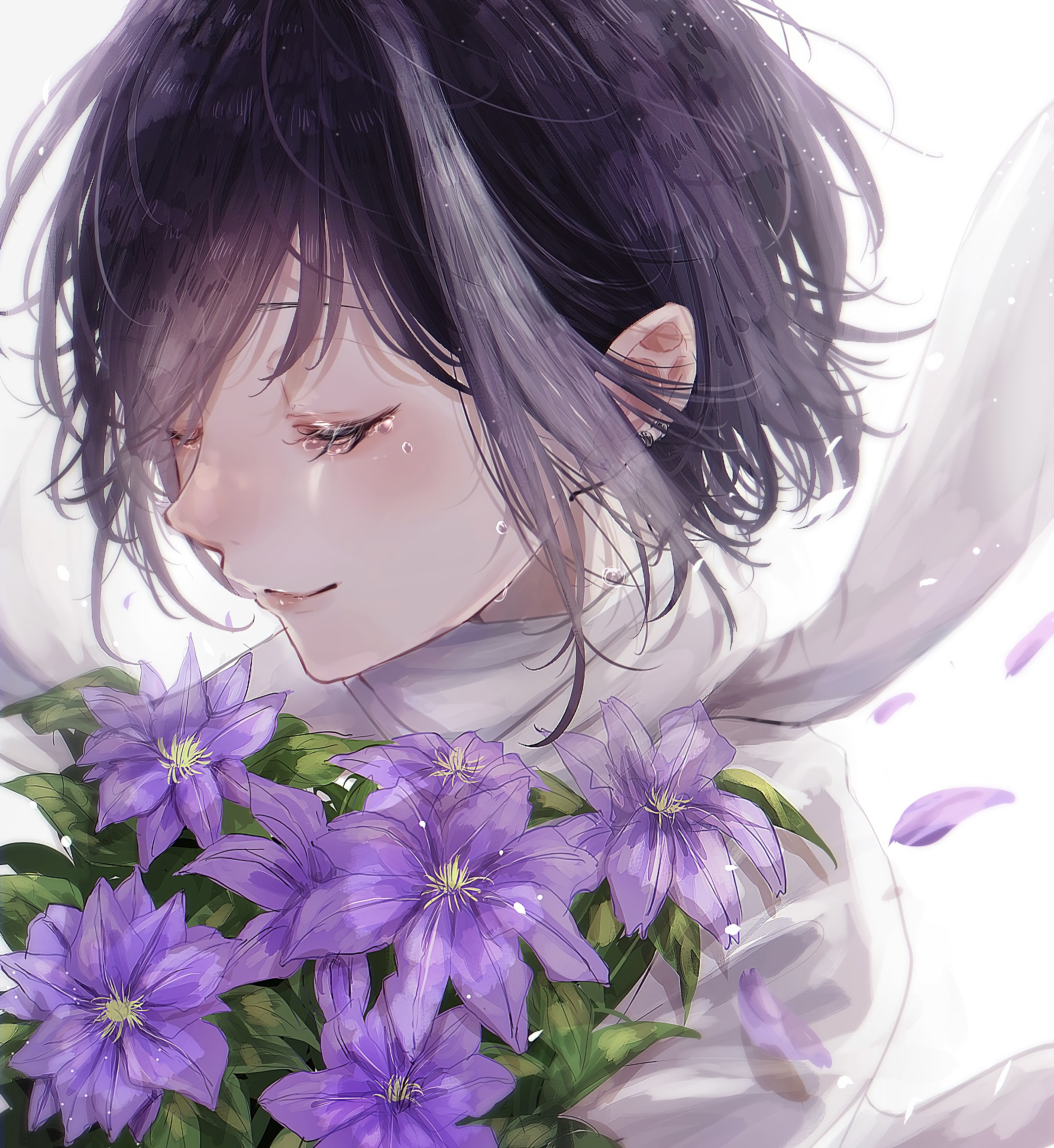 Girl Flowers Tears Sad Anime Art