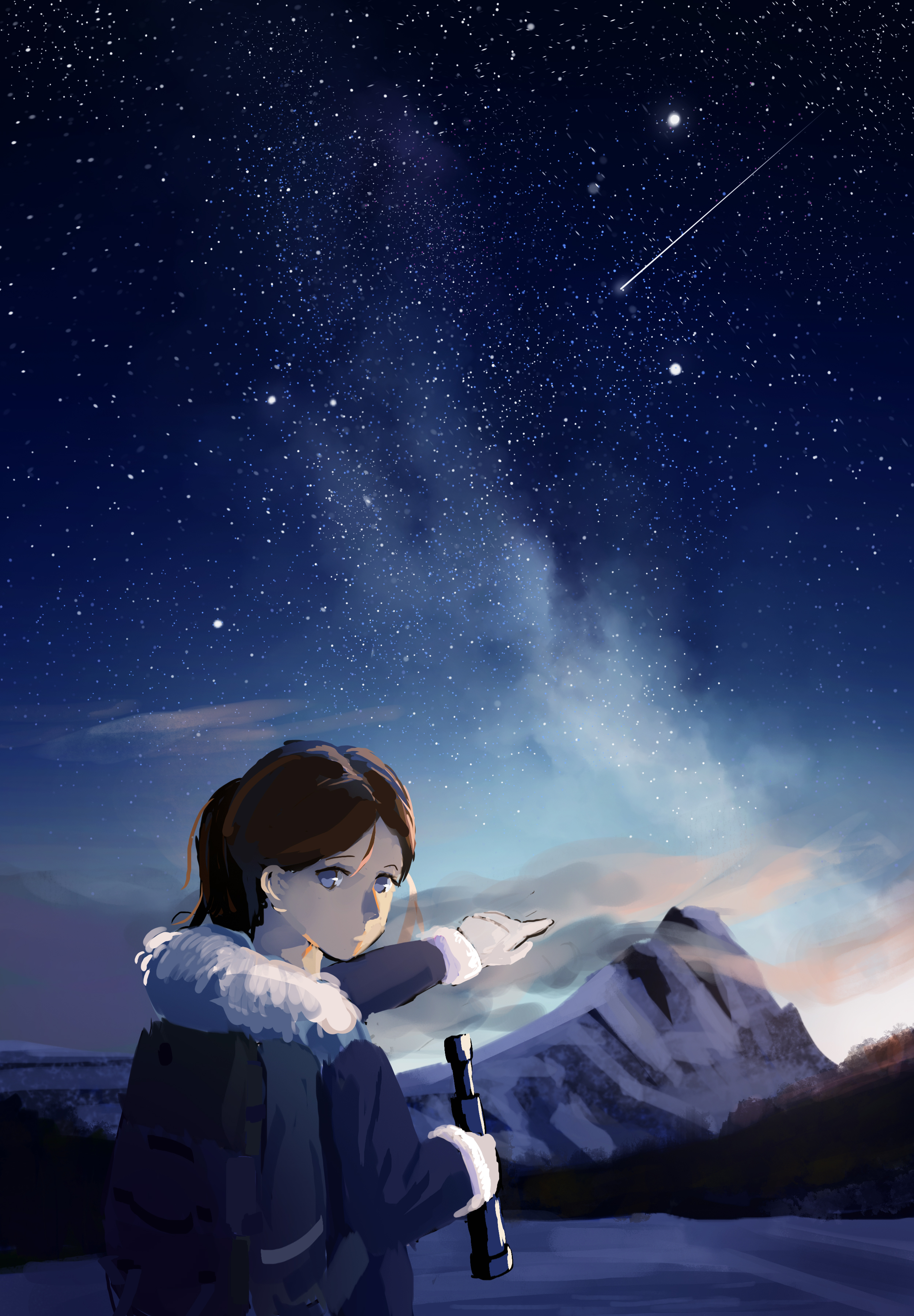 Girl Gesture Mountains Night Free Anime