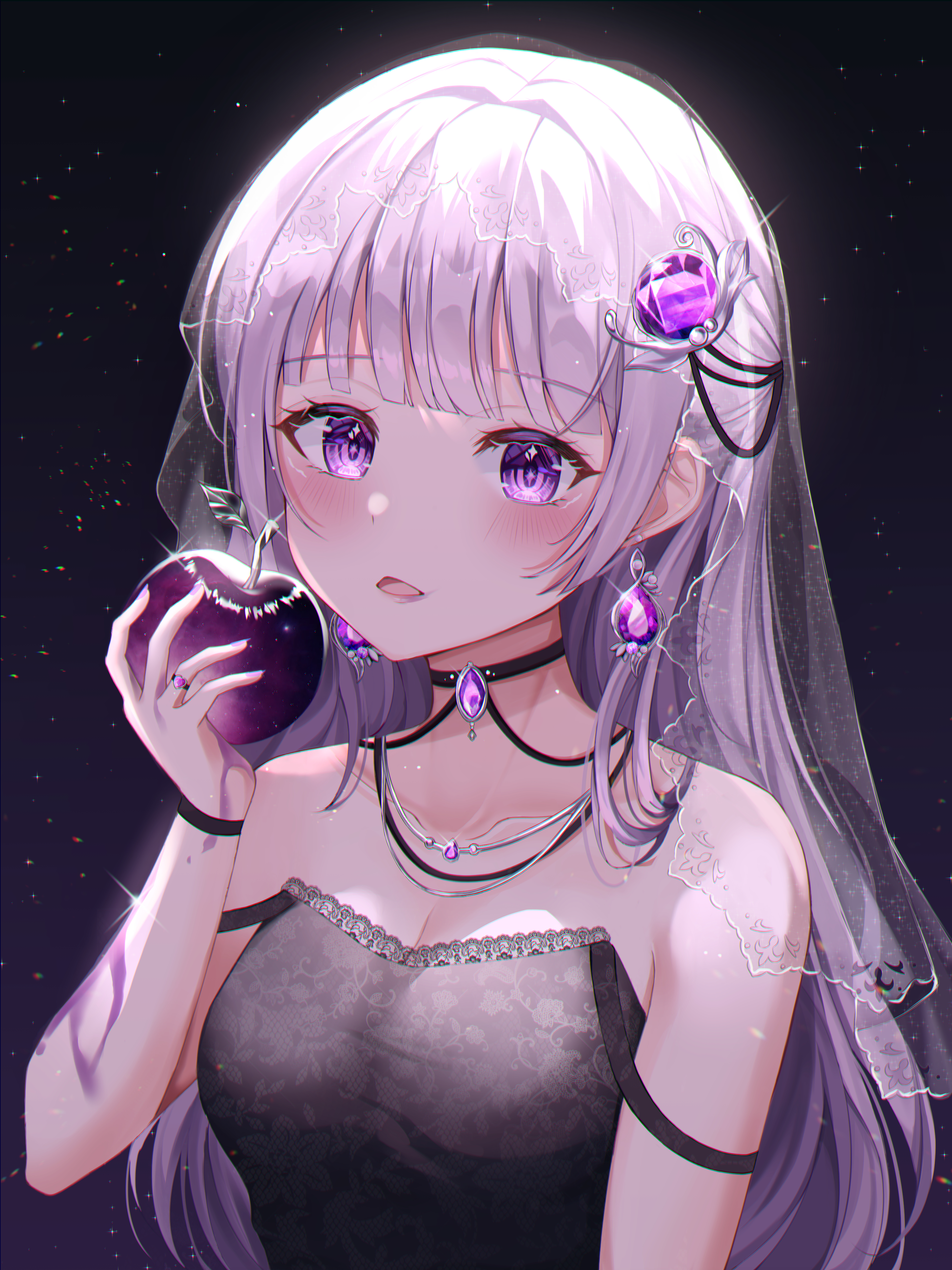 Girl Glance Apple Anime Art Purple