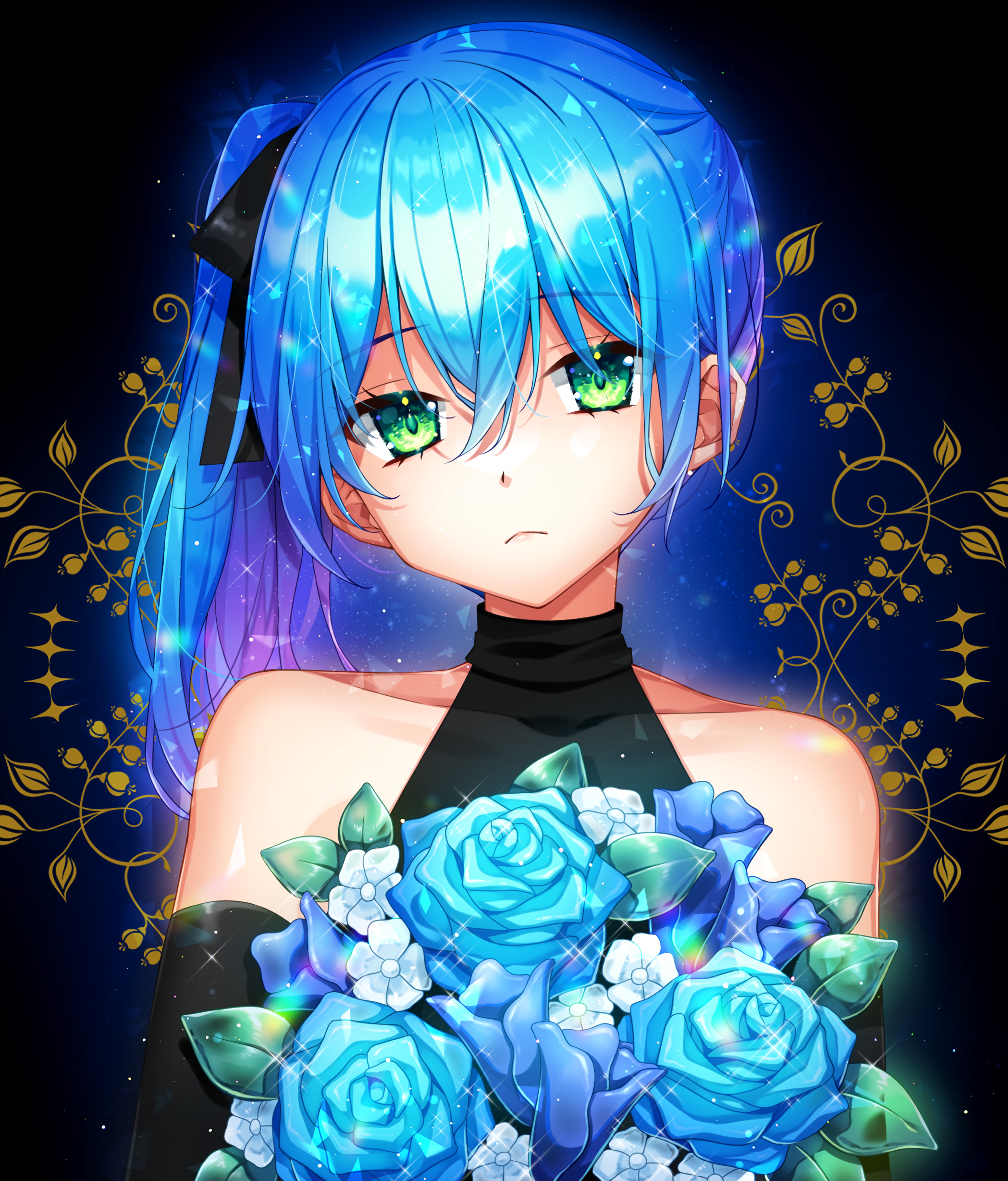 Girl Glance Bouquet Flowers Anime Art Blue