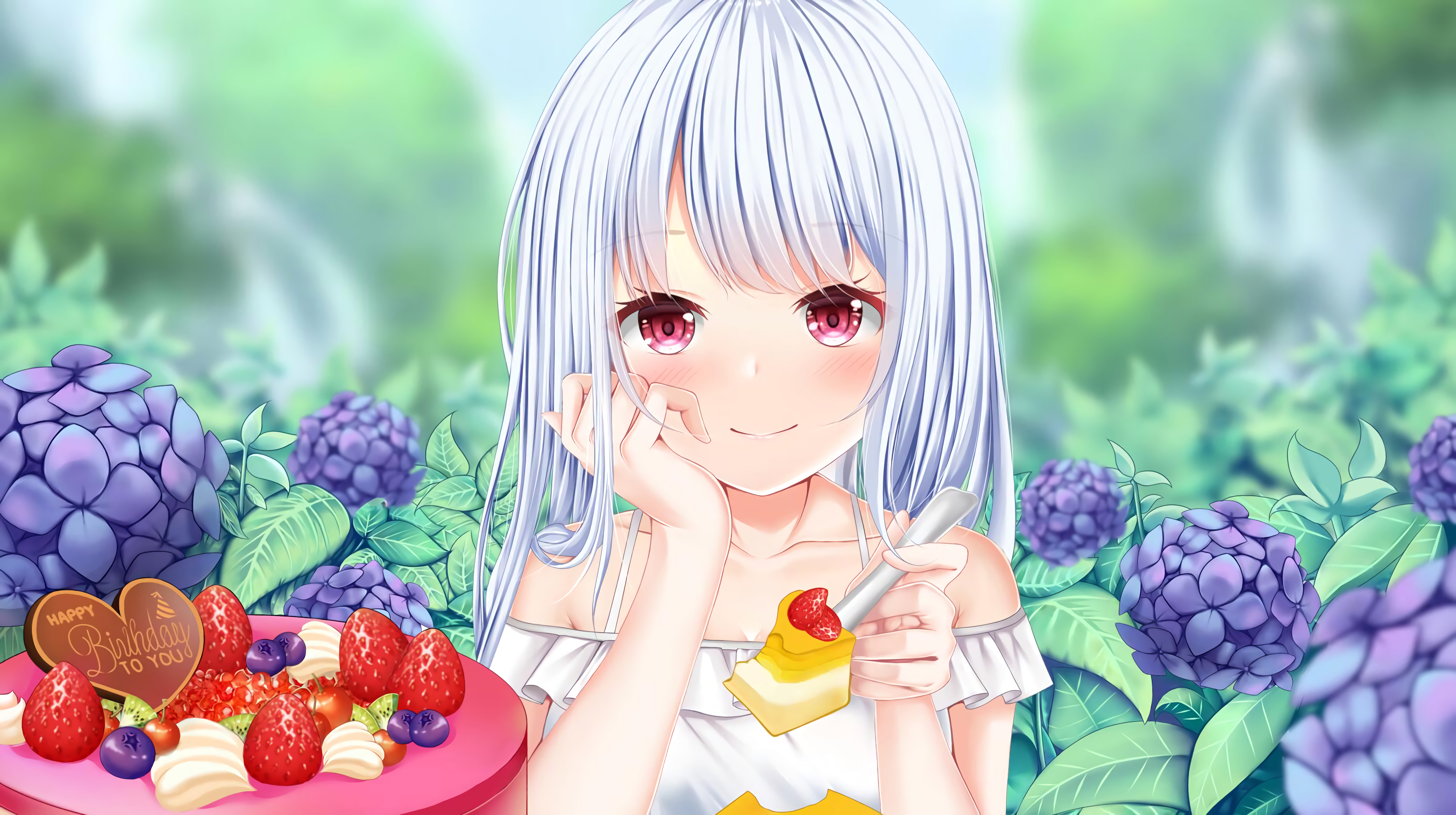 Girl Glance Dessert Berries Anime