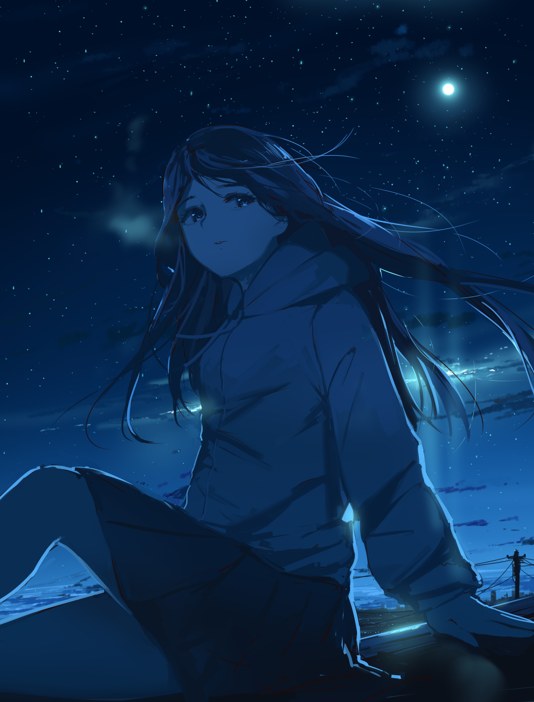 Girl Glance Night Anime Art