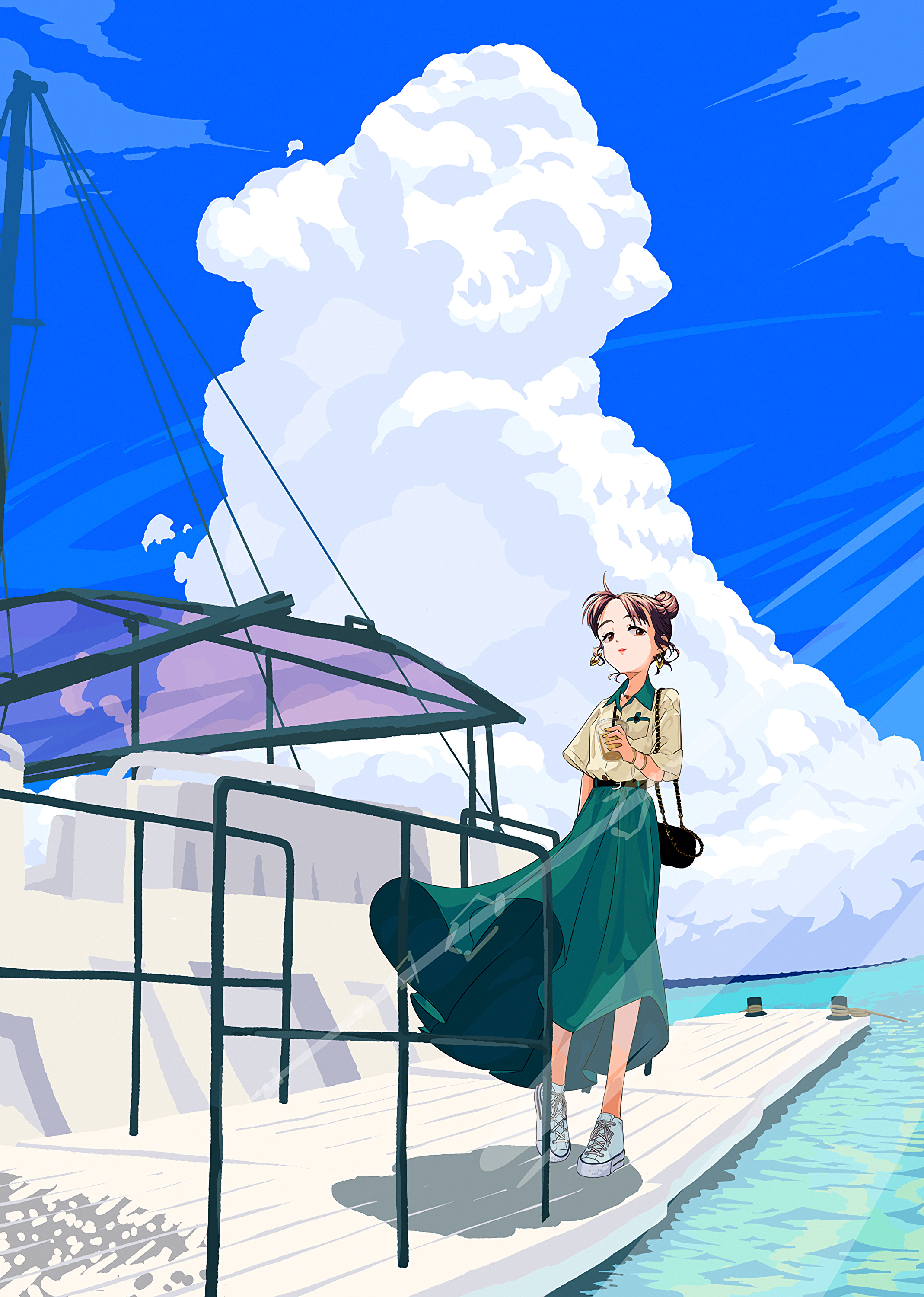 Girl Glance Pier Sea Anime Art