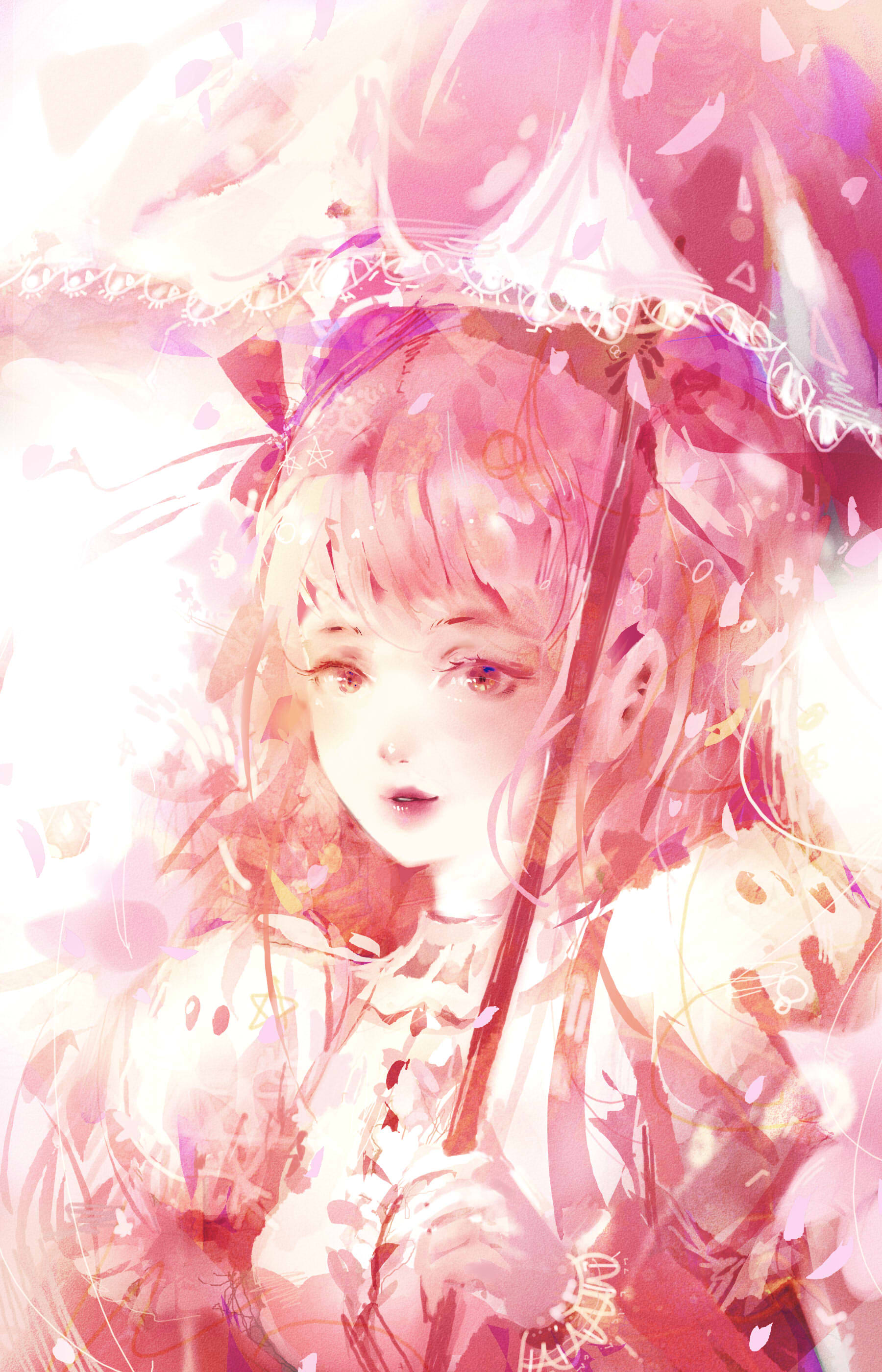 Girl Glance Umbrella Anime Art Pink