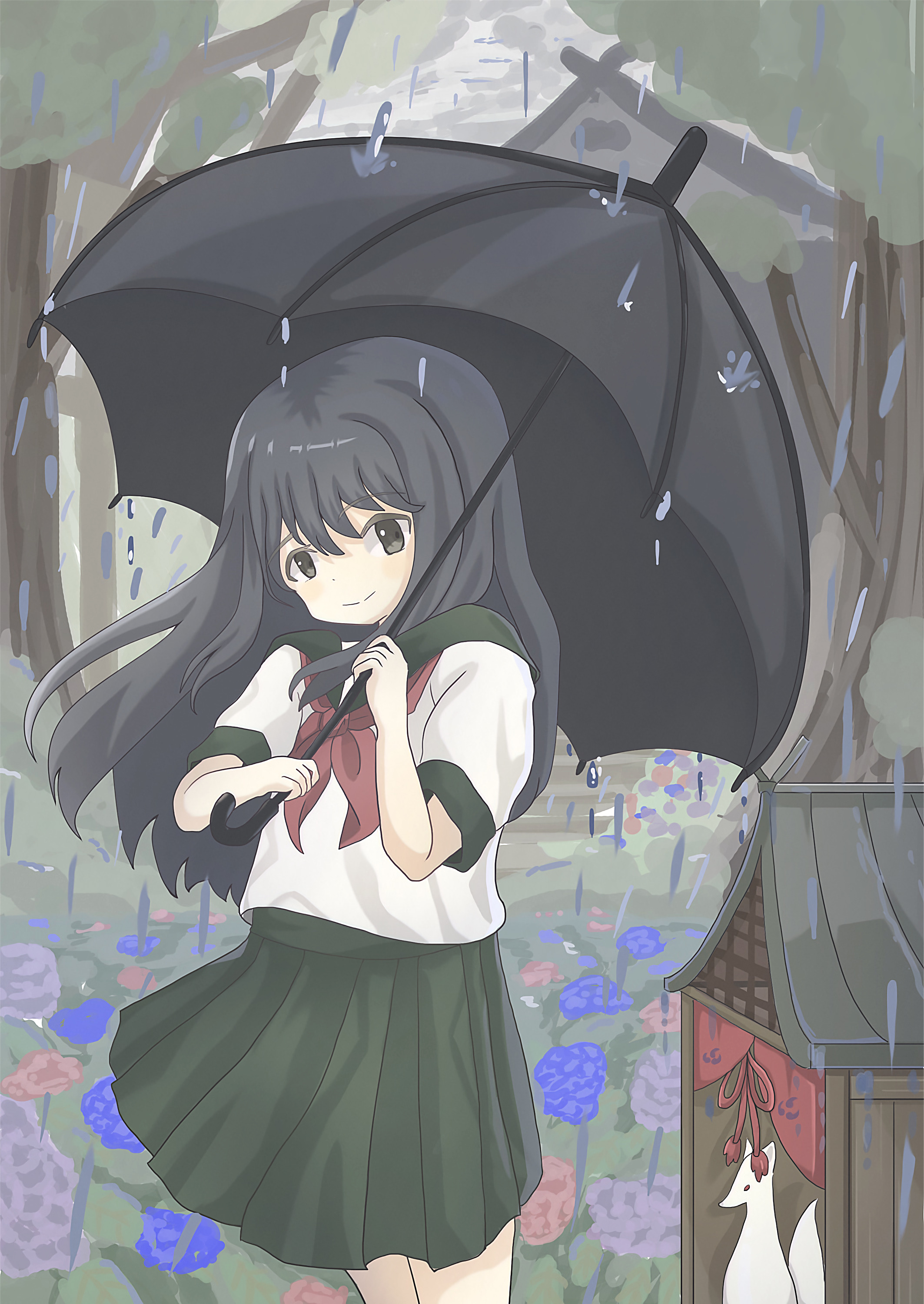 Girl Glance Umbrella Rain Anime Art