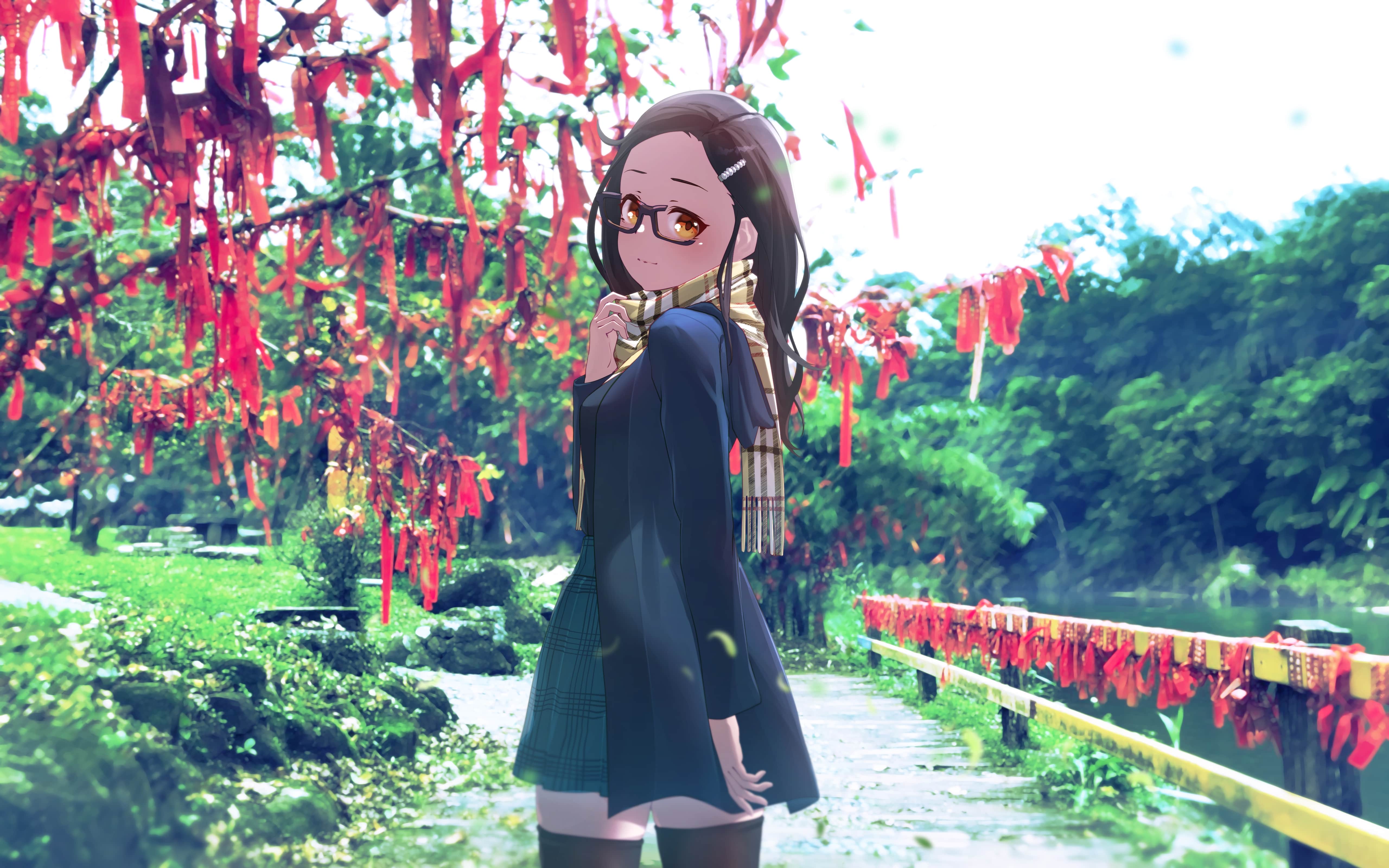 Girl Glasses Coat Park Walk Anime