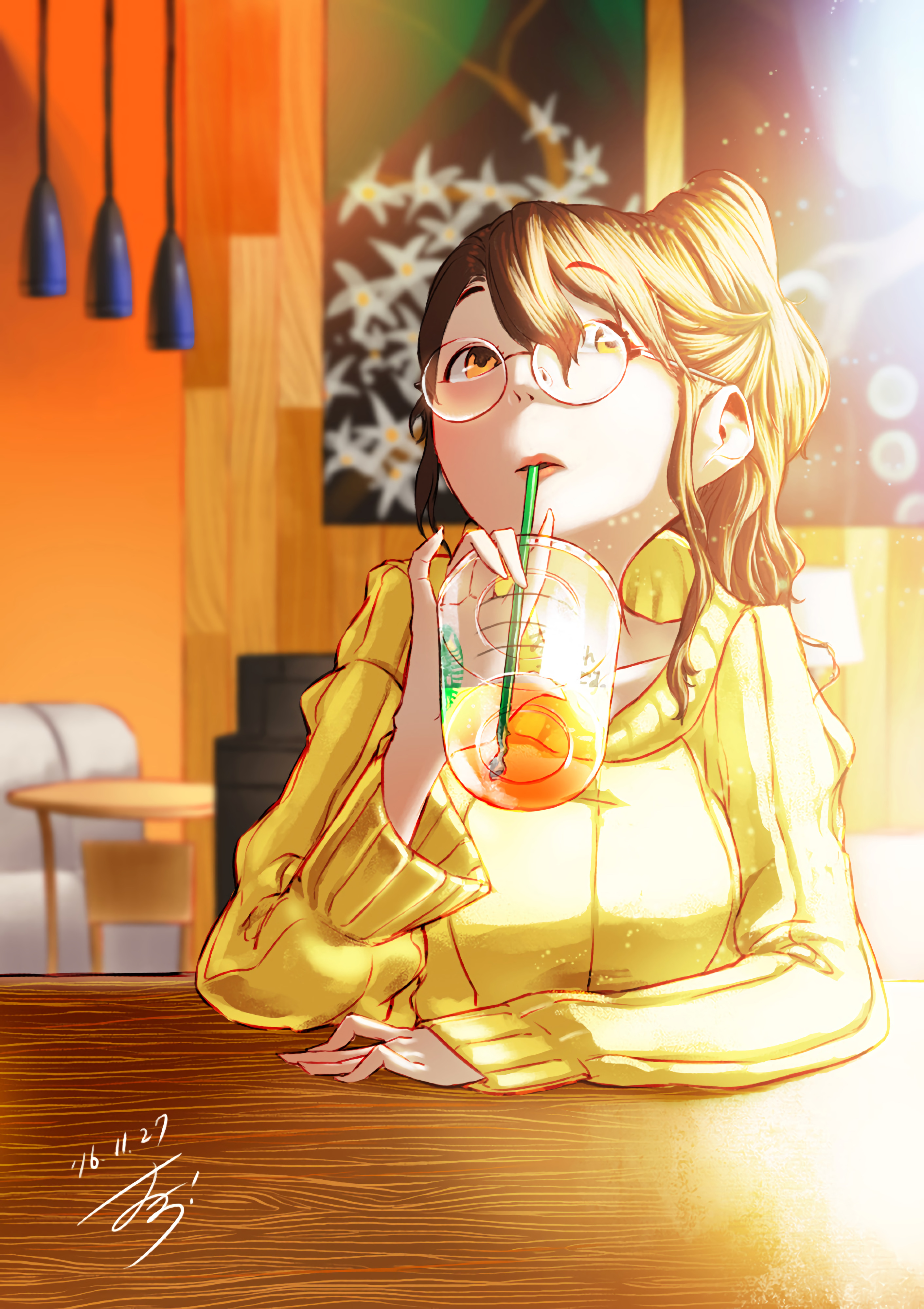 Girl Glasses Drink Glass Cafe Anime