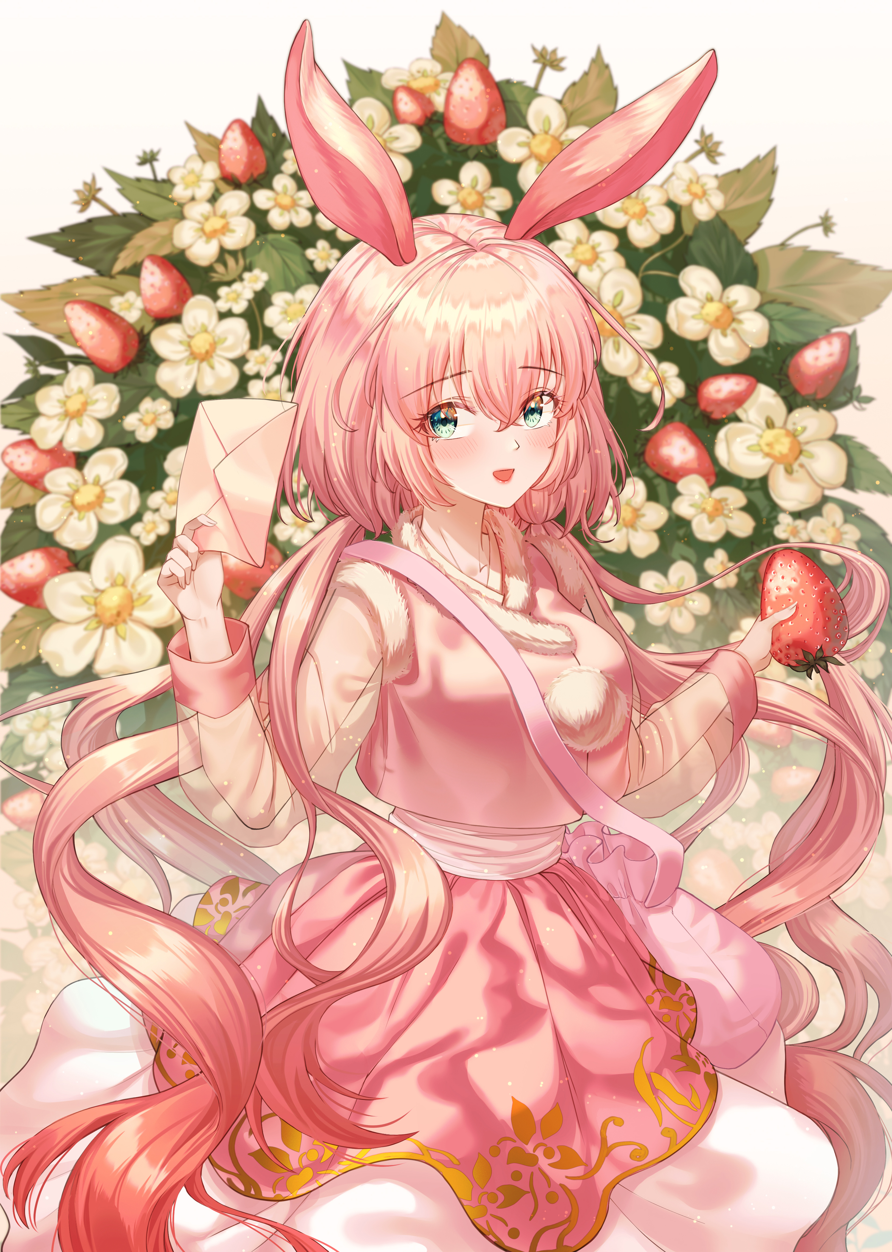 Girl Hare Ears Strawberry Anime Art Pink