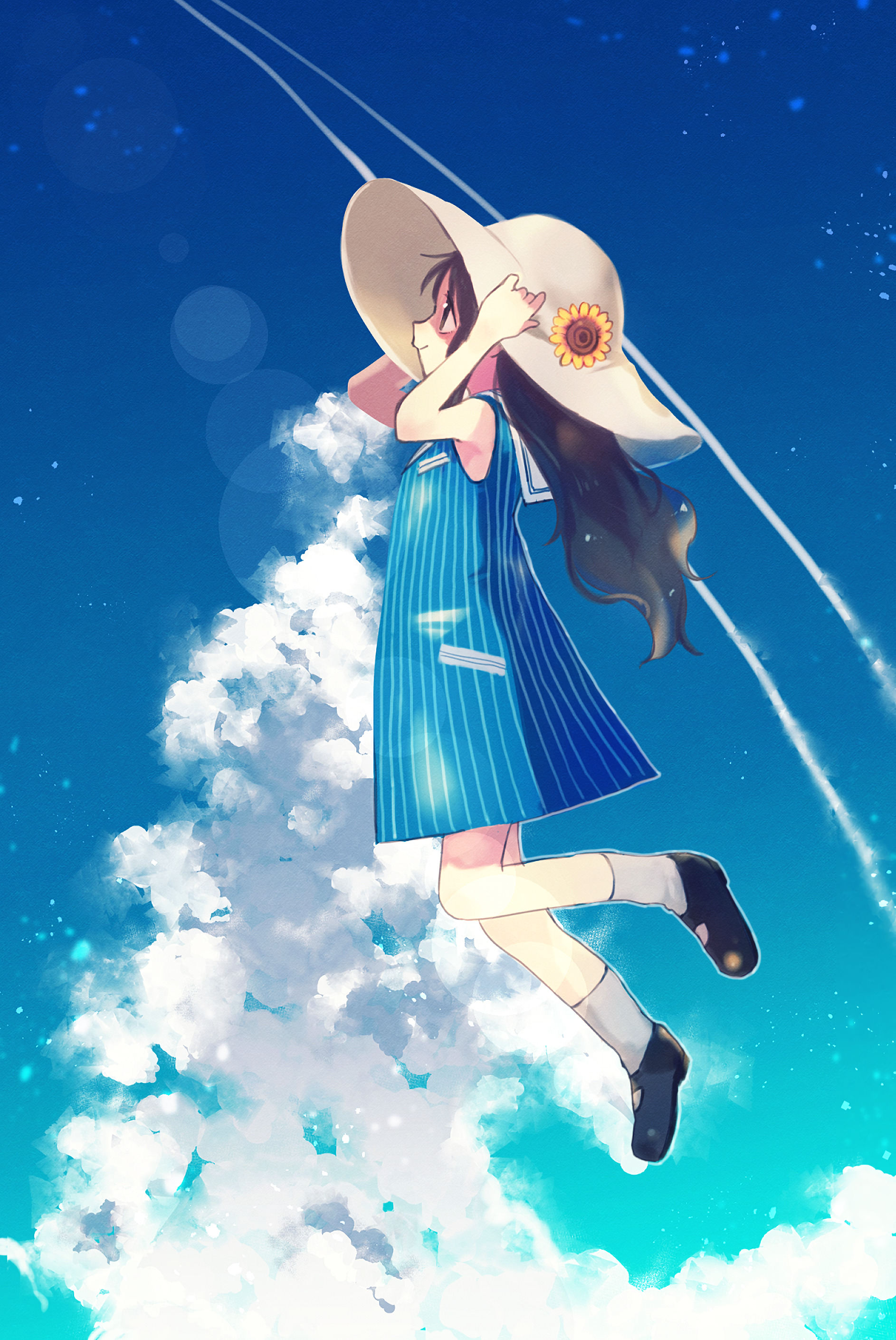 Girl Hat Sky Clouds Anime Art