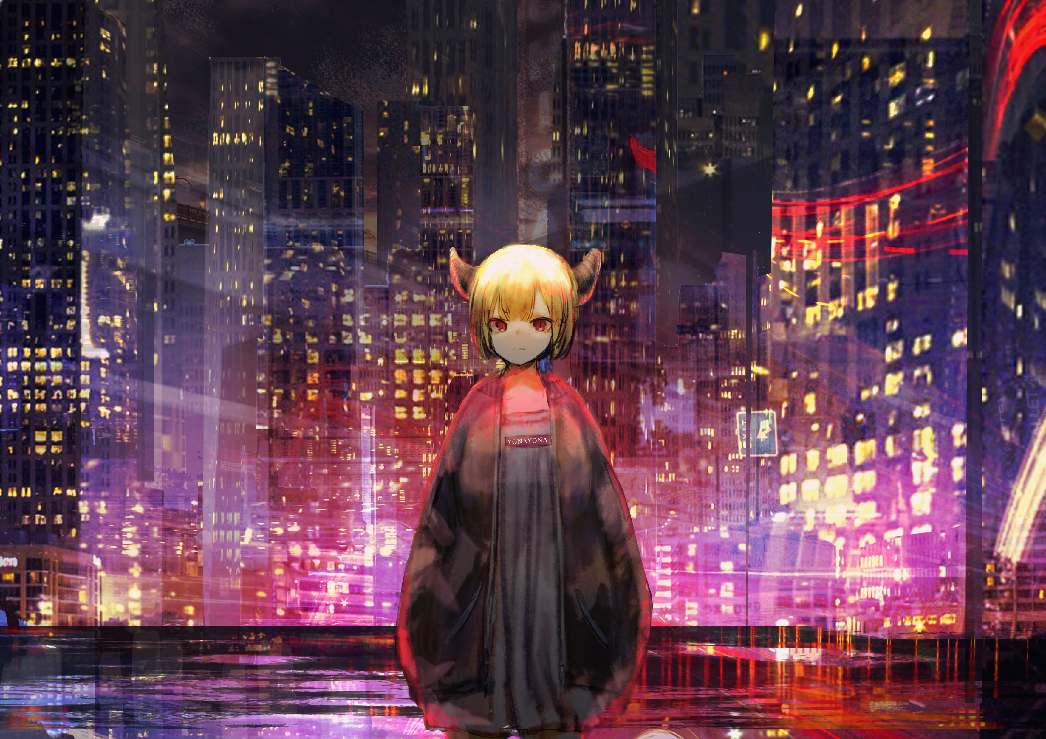 Girl Horns City Buildings Anime Art